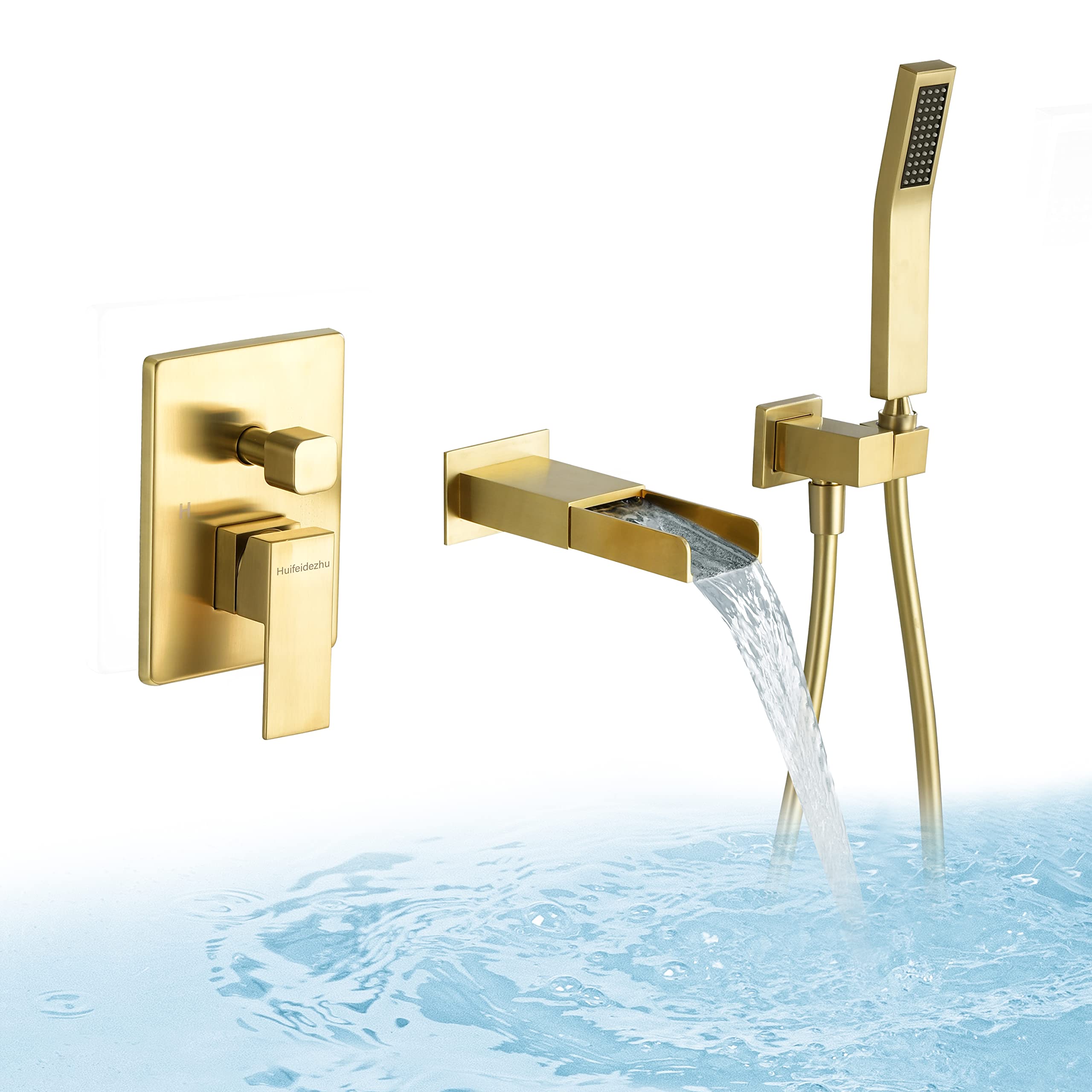 Huifeidezhu Wall Mount Bathtub Faucet with Handheld Sprayer Brushed Gold, Bathroom Wall Mount 3 ...