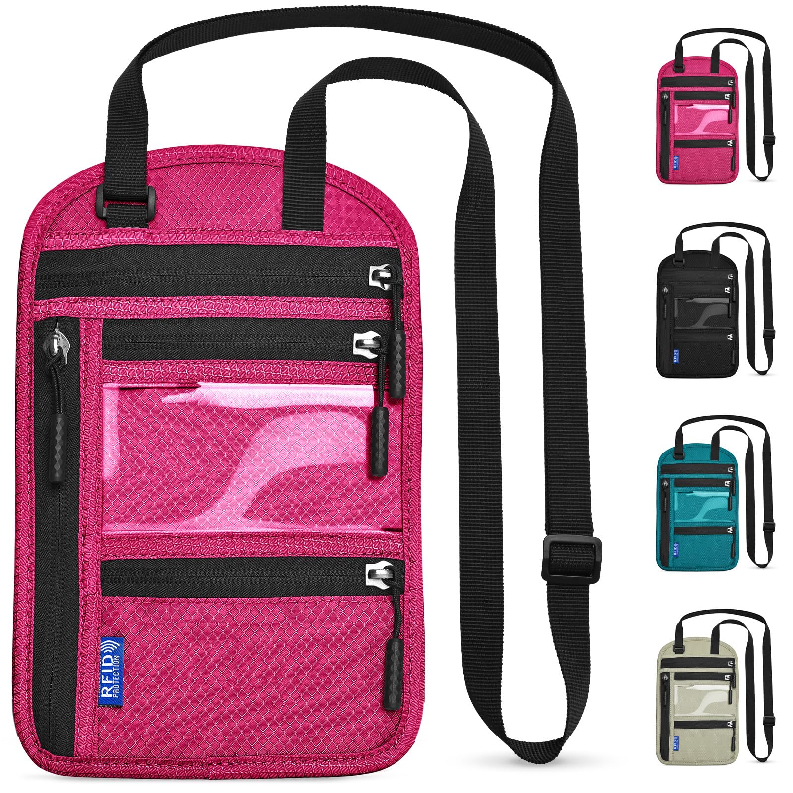 Yordawn Portadocumenti da Collo Borsello da Viaggio con Blocco RFID Porta Passaporto con Tracolla Regolabile per Uomo Donna Impermeabile Portafoglio da Сollo per Carte Passaporto (Rosso Rosa)