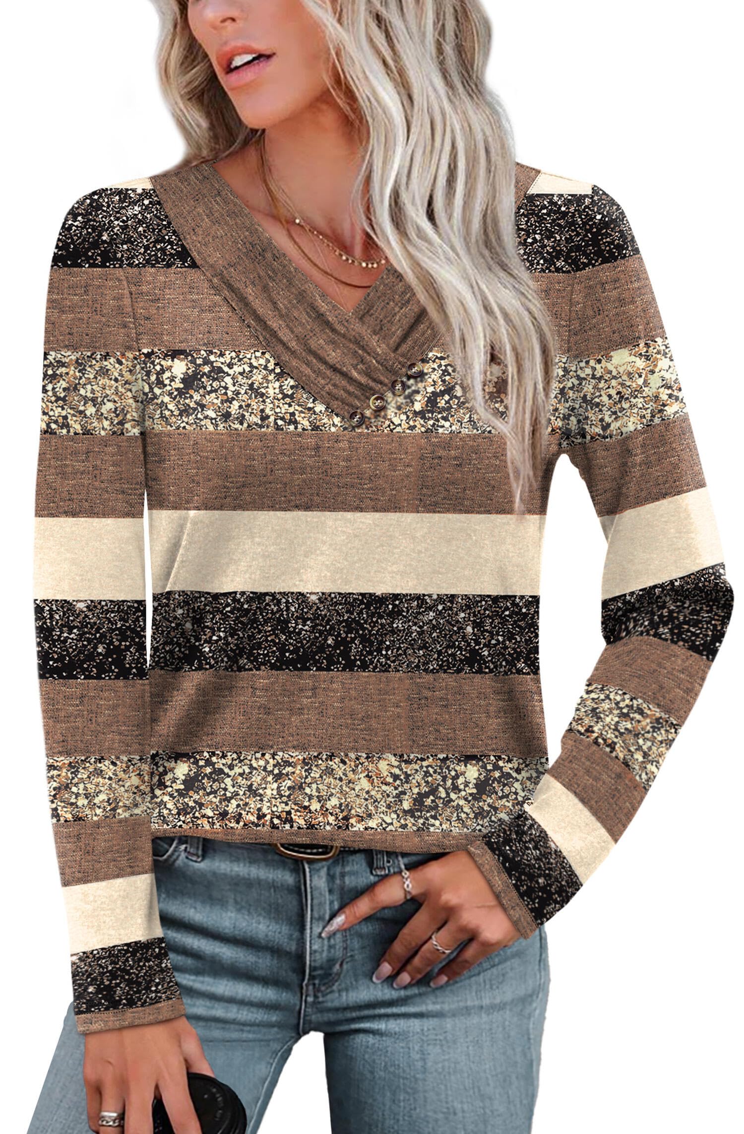 WIHOLL Long Sleeve Shirts for Women Fall Outfits V Neck T Shirts Button Down Tunic Tops Fashion Clothing