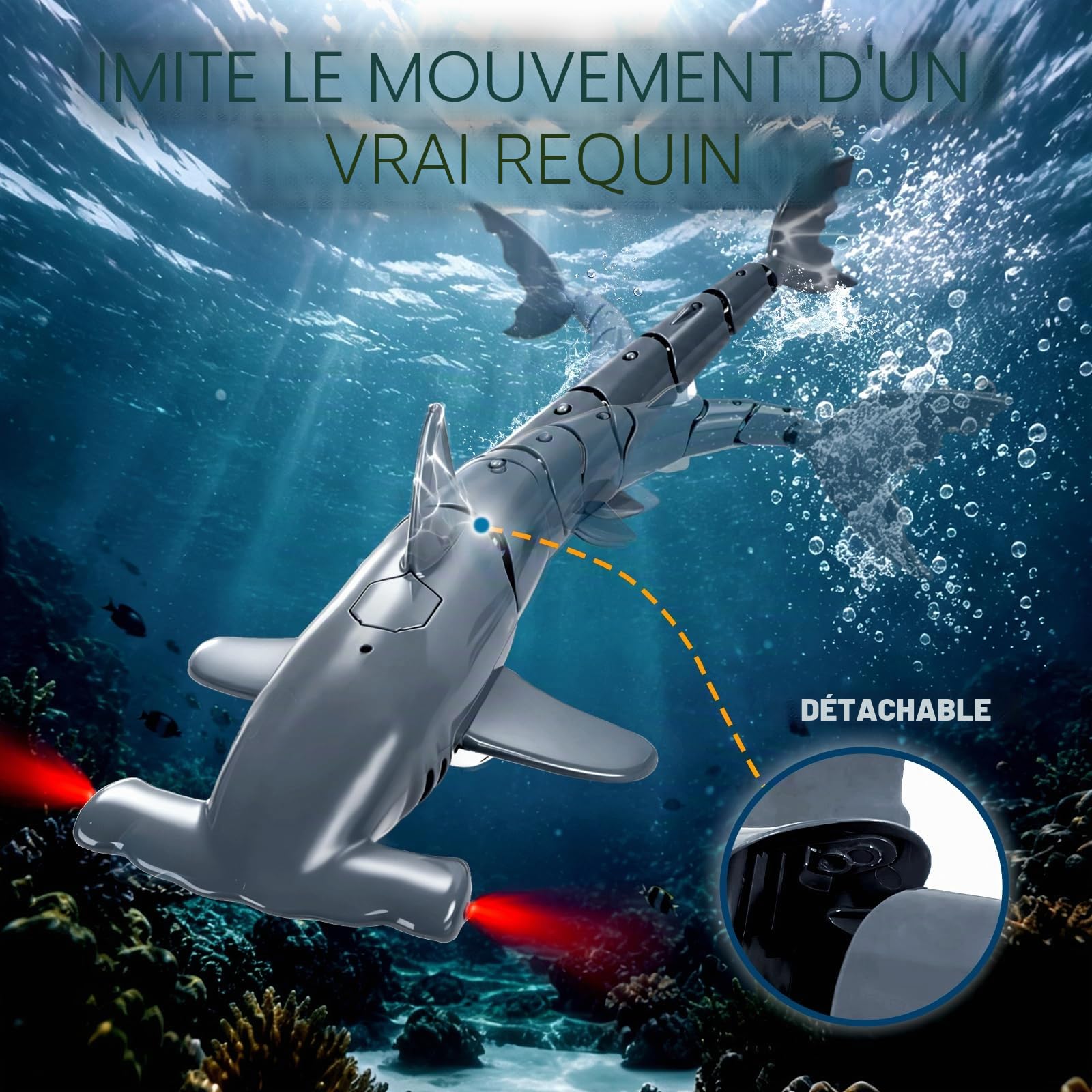 Requin Télécommandé 2.4 GHz RC Étanche avec Lumières LED pour Piscine, Baignoire (Gris)