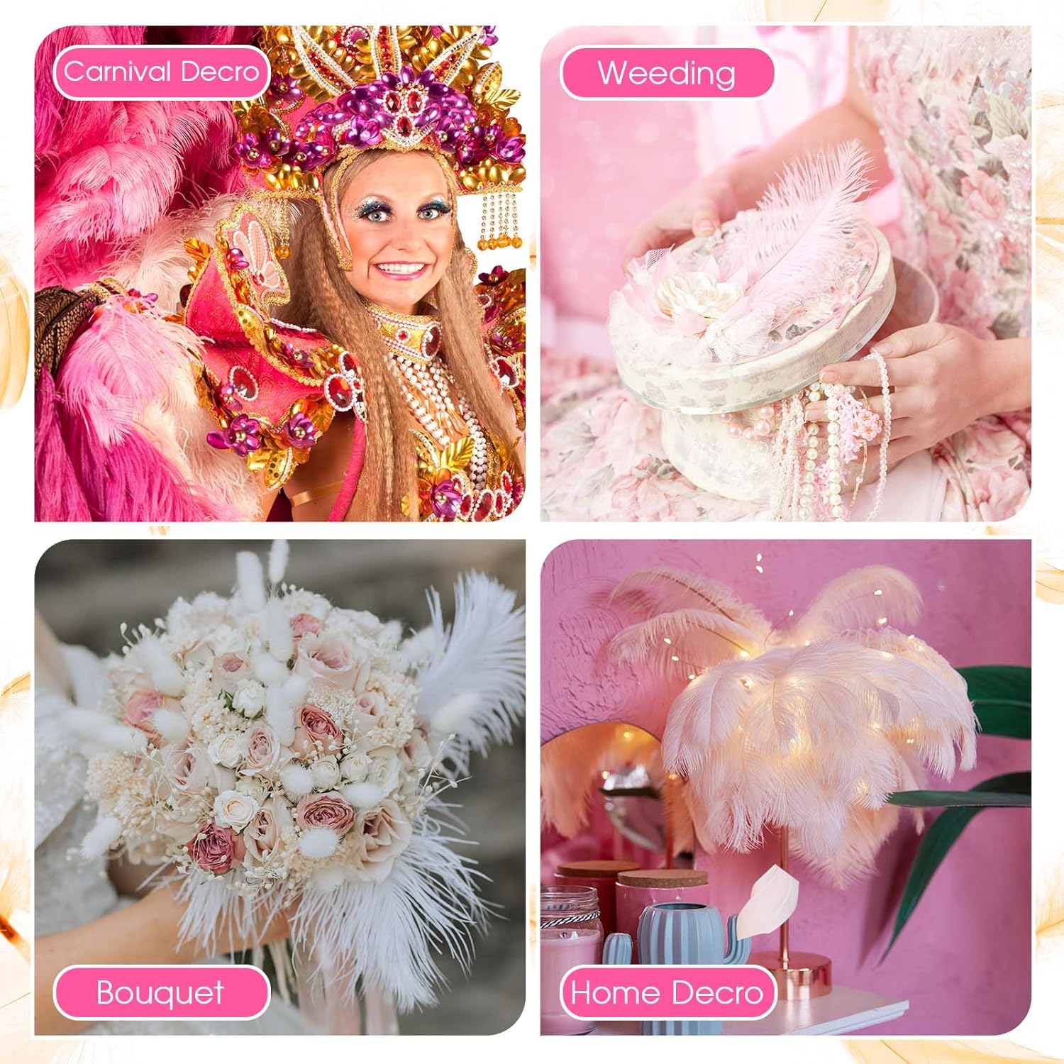 Juexica 80 Set Natural Ostrich Feathers Bulk with Iron Wire for Centerpieces Boho Large 10 to 12 Inch Feathers for Vase Wedding Party Floral Arrangement Home Decorations (Pink, Light Pink, White)