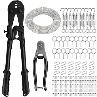 TooTaci 1/8" Wire Rope Kit with 200ft Vinyl Coated Stainless Steel Cable, Wire Rope Crimping Tool & Cutter, Turnbuckles for Cables Wires, Hanging Clothes, String Lights Hanging