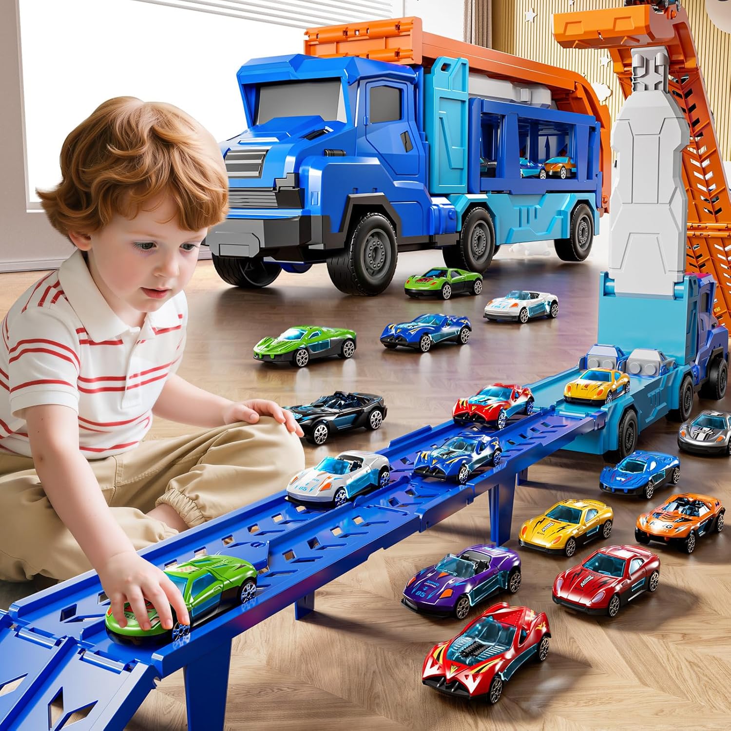 Toddler Car Truck Toys for 3 4 5 6 7 8 Years Old Boys, Transporter Truck Toy Track Set with 12 Die-Cast Car Toys, Toy Gifts for 3 4 5 6 Year Old Boys Kids