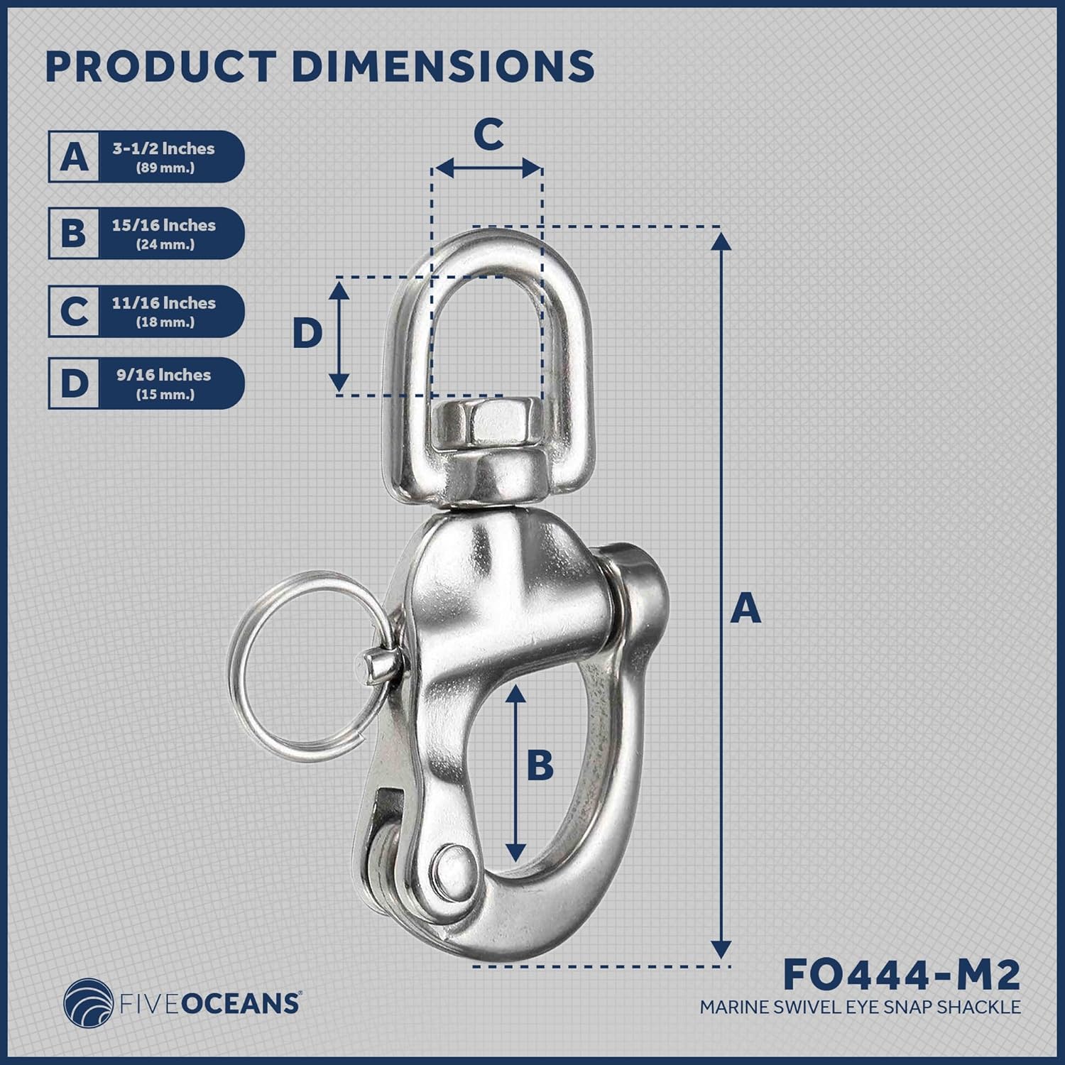 Five Oceans Swivel Eye Snap Shackle Quick Release Bail Rigging for Sailing Boat, 316 Marine-Grade Stainless Steel Clip Carabiner Hook