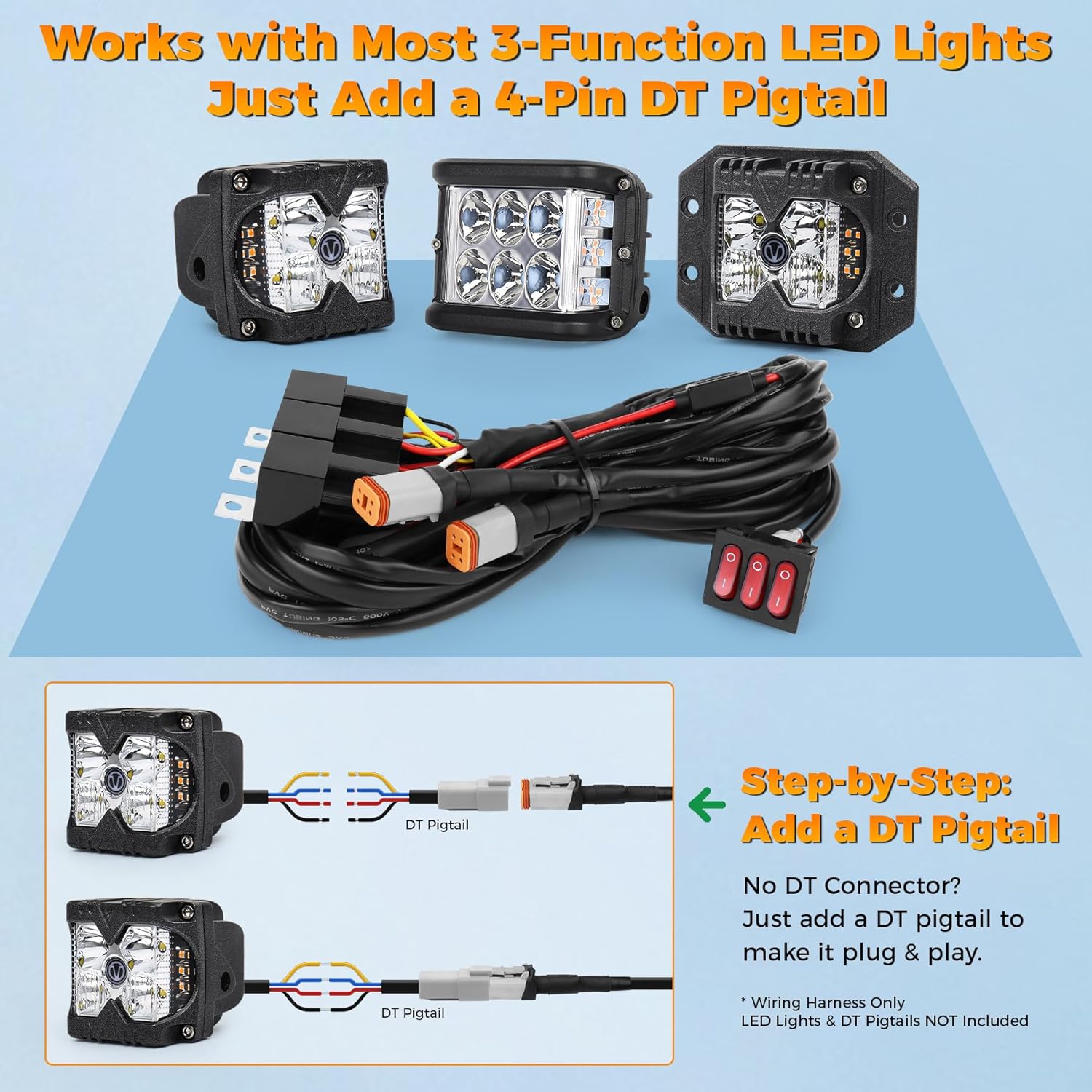 2 Leads Wiring Harness Kit, 12V Plug & Play 4-Pin DT Wiring Harness with 3-Button Switch & Relay Blade Fuse for Truck SUV ATV Off-Road LED Light Pods & Light Bars