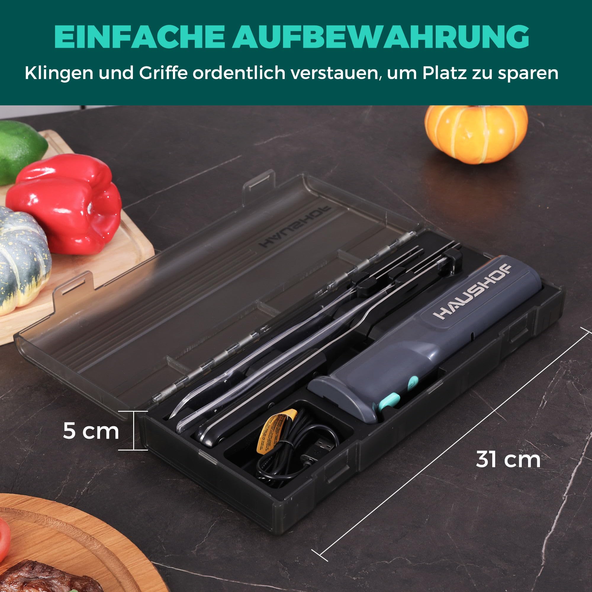 HAUSHOF Kabelloses Elektromesser 2000 mAh Edelstahlklingen mit Gabel Grau