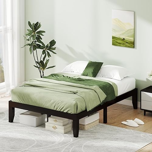 Miniatura 10 de KOMFOTT Base de cama de plataforma de madera de 14 pulgadas, tamaño individual, base de colchón de madera con marco de madera de goma, fuerte Marrón