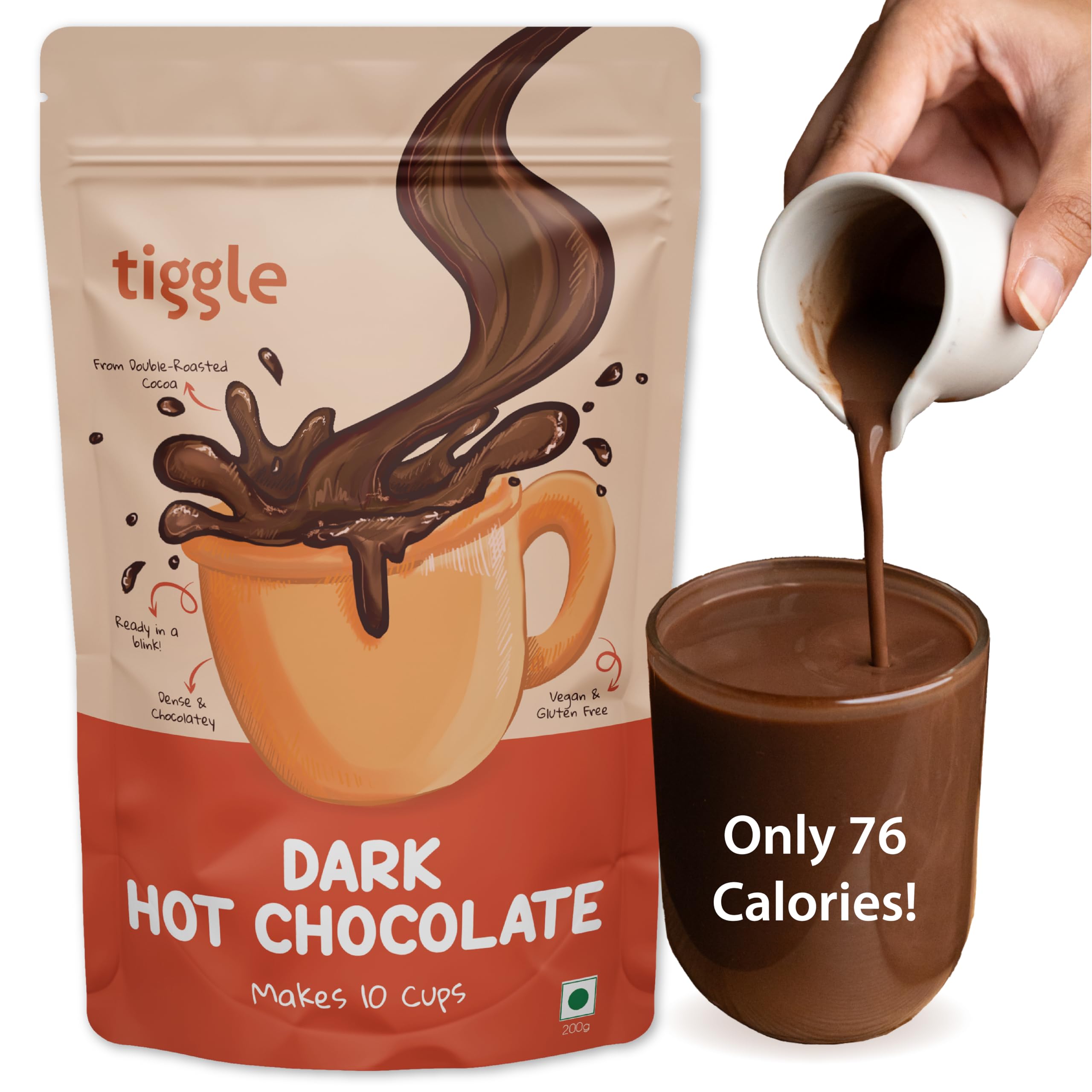 Tiggle Dark Hot Chocolate Powder Mix - 10 Cups Pack | Farm Fresh From Tamil Nadu | Thick & Chocolatey Drink | Enjoy Hot or Cold | Vegan & Gluten-Free | No Preservatives | Ready in 2 minutes