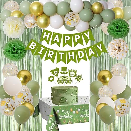 Decoraciones de cumpleaños verde salvia para mujeres y niñas, decoraciones de fiesta de feliz cumpleaños verde oliva, pancarta verde de feliz