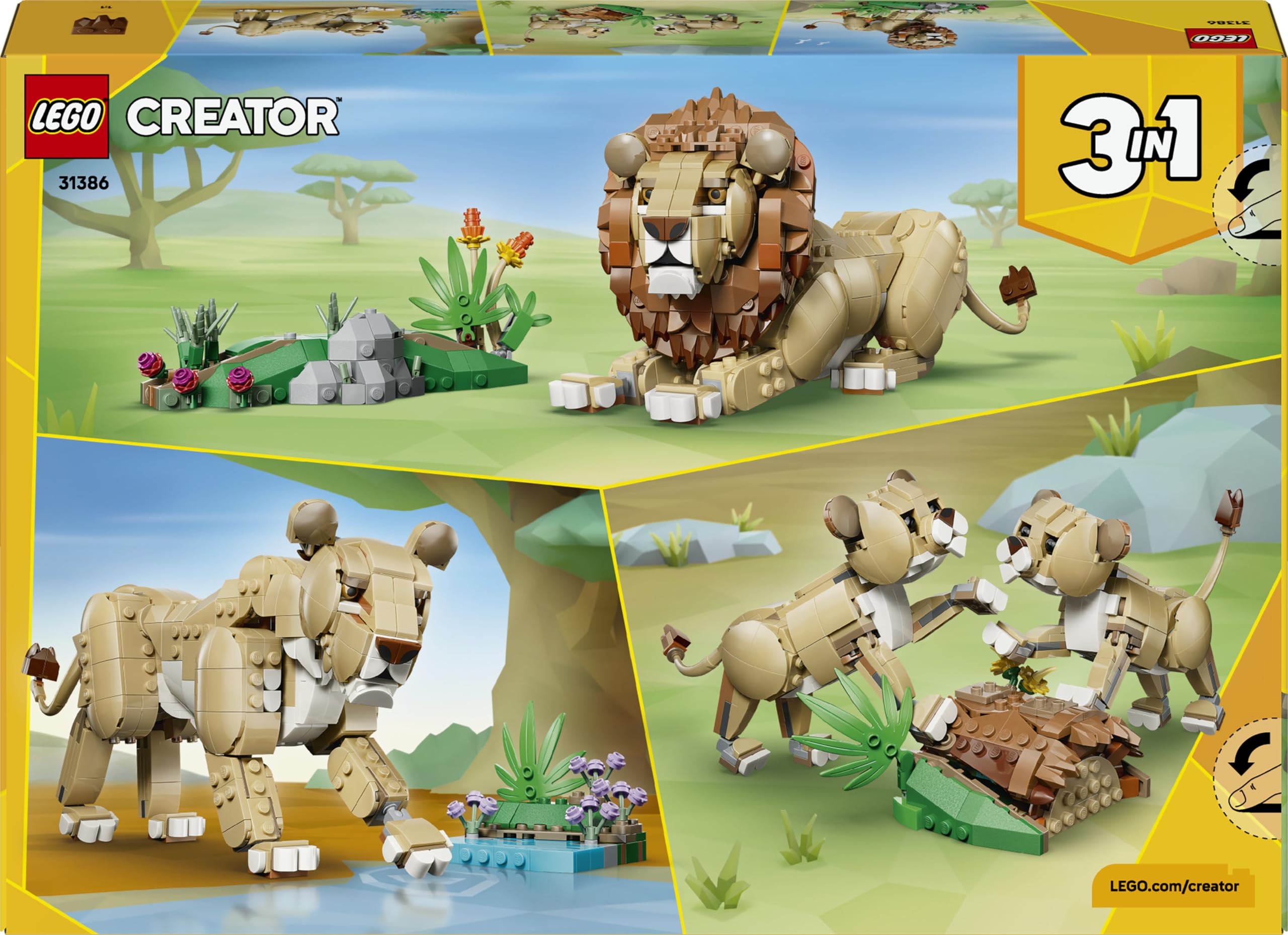 LEGO Creator 3-in-1-Set Wilde Tiere: Majestätischer Löwe - Bauset für Kinder ab 9 Jahren - Löwe, Löwin oder 2 Löwenjunge zum Bauen, Spielen und Ausstellen - Geschenk - 31386