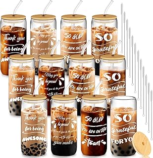 12 Set Employee Appreciation Gifts, Inspirational Thank You Gift for Team, Teacher, Nurse, Coworkers, Employees, Staff - Employee Christmas Gifts, 20oz Glass Cups with Lids and Straws (Mixed)