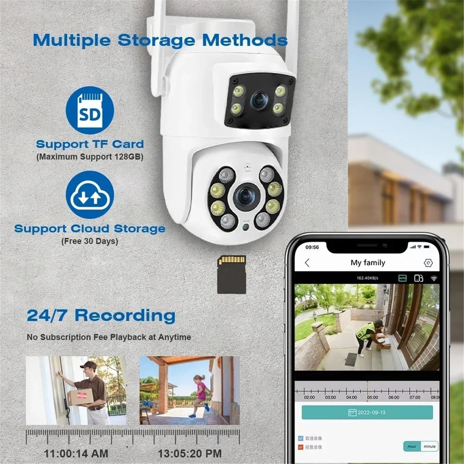 Kamera zewnętrzna PTZ 8MP 4K z podwójnym obiektywem i dwoma ekranami Wi-Fi, bezprzewodowa kamera CCTV z detekcją człowieka i monitoringiem IP(ADD 64G)