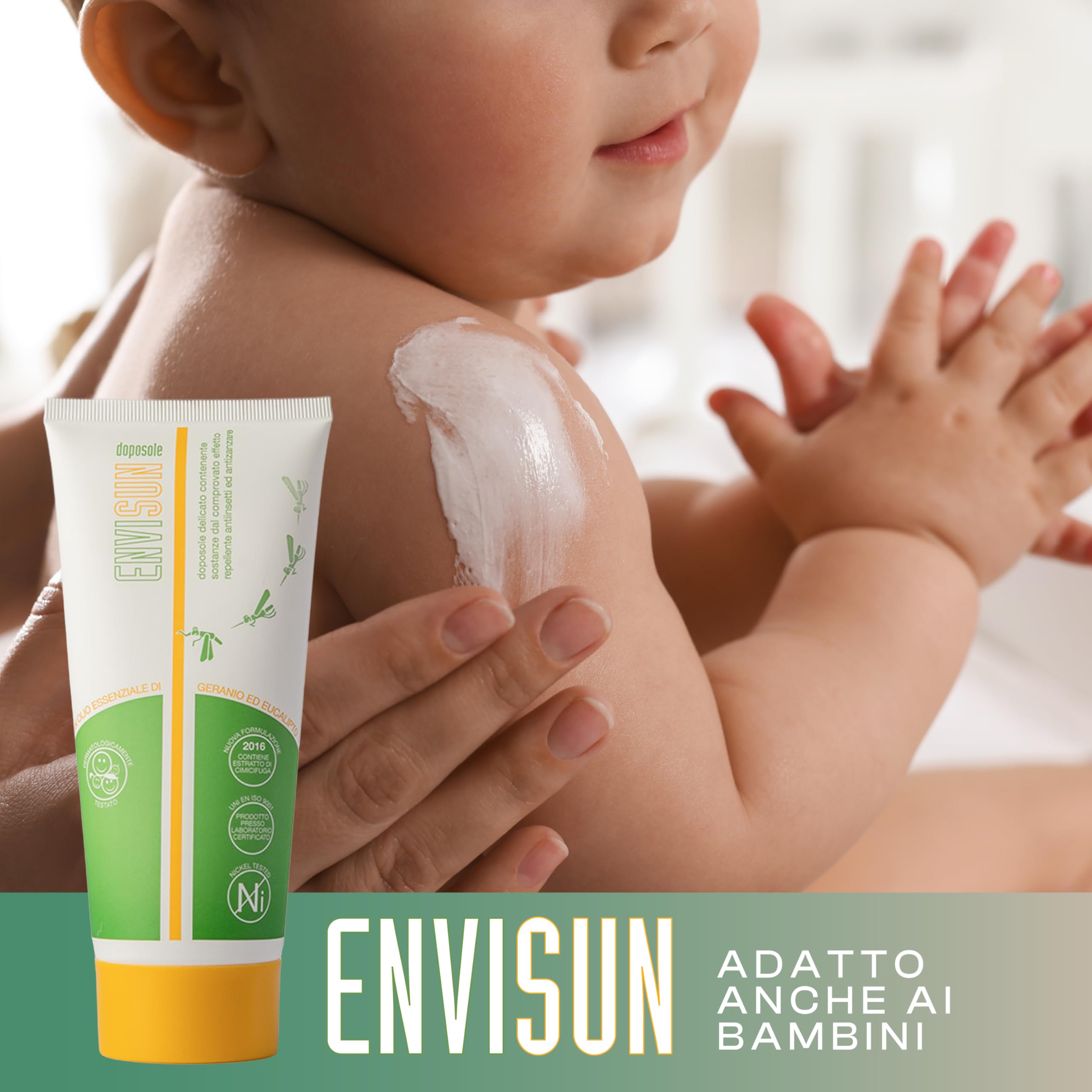 Envisun® Crema Doposole Lenitiva da 100 ml - Idratante Repellente Viso e Corpo con Geranio ed Eucalipto - Assorbimento Rapido e Senza Profumo - Adatta a Pelli Sensibili, Adulti e Bambini - Envicon®