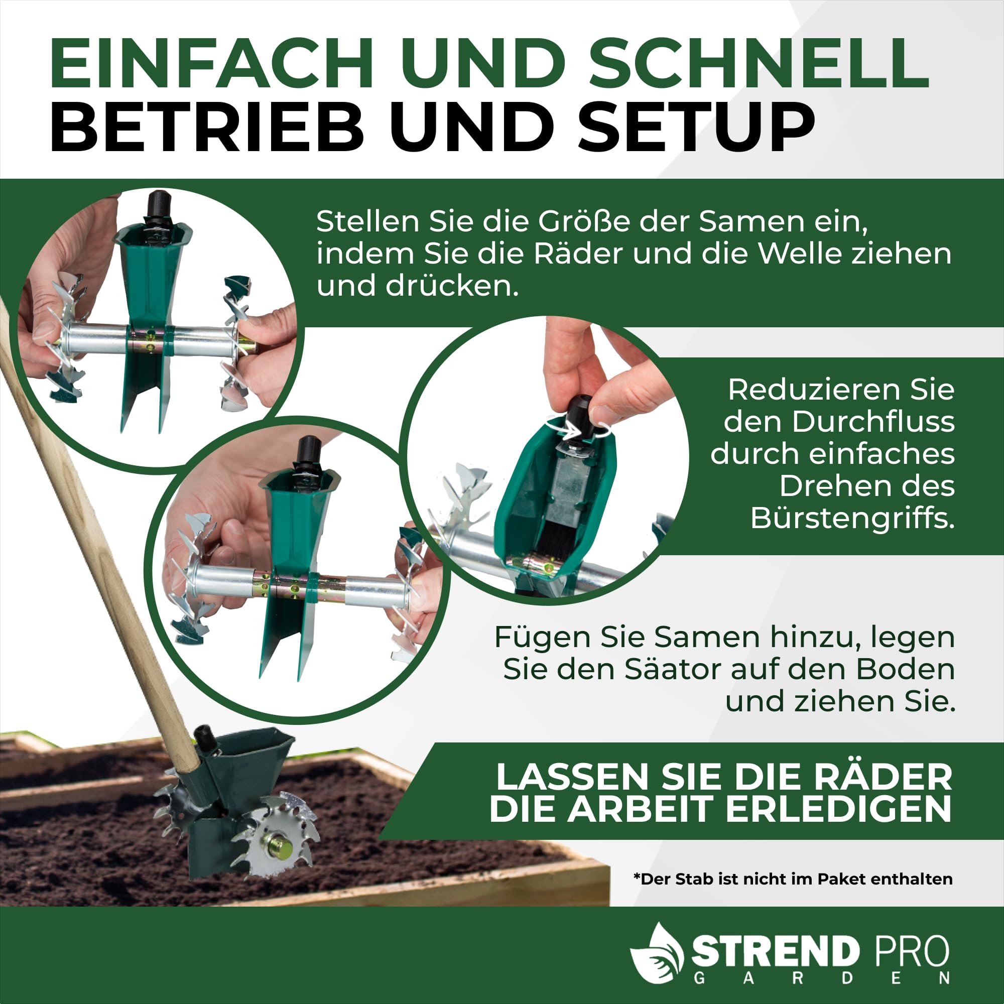 STREND PRO Sämaschine | Manuell Samenstreuer | Metall | Einreihig | EINSTELLBAR Samengröße (1,5; 3,5; 5 mm) | Samen Streuer für Kleine Flächen, Beete, Garten, Gewächshäuser | Hand-Samenstreuer
