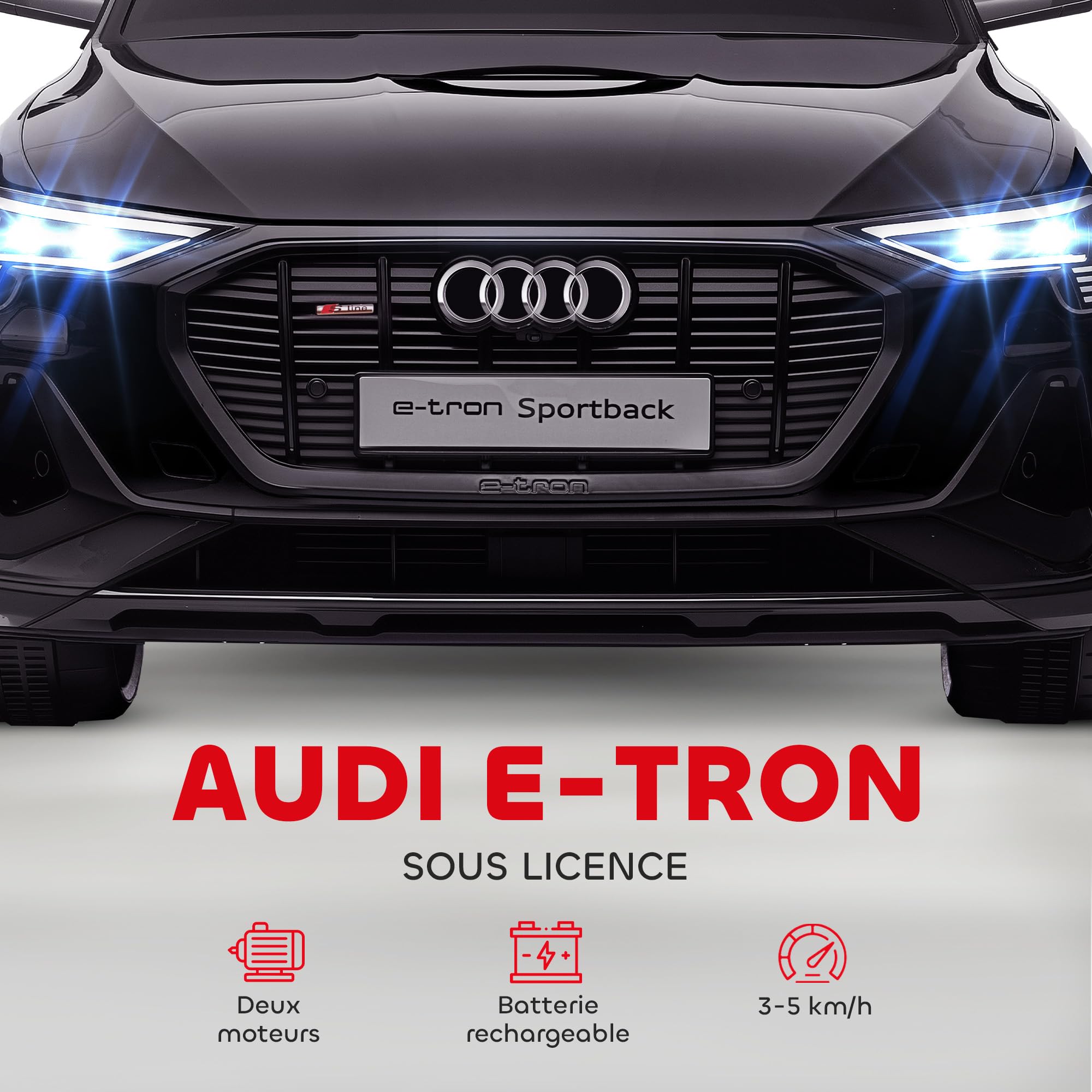 HOMCOM Voiture électrique Enfants sous Licence Audi e-tron Sportback, véhicule électrique 12V Max. 5 Km/h avec télécommande 2,4G, phares LED, Musique, klaxon, Port USB, MP3, Noir