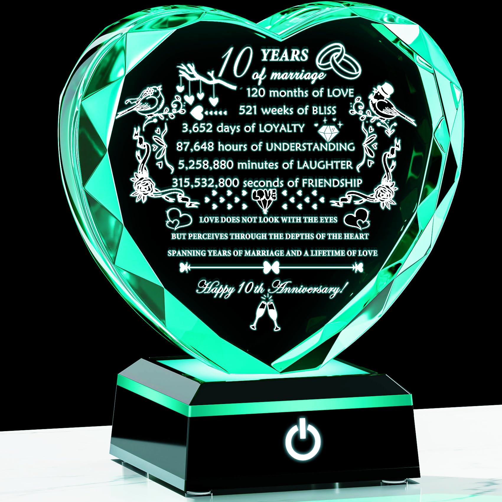 YWHL 10th Anniversary Crystal Gifts with Colorful LED Base Laser Engraved Heart 10th Wedding Anniversary Keepsake Gift for Couples Parents Romantic 10 Years of Marriage Gifts for Wife Husband