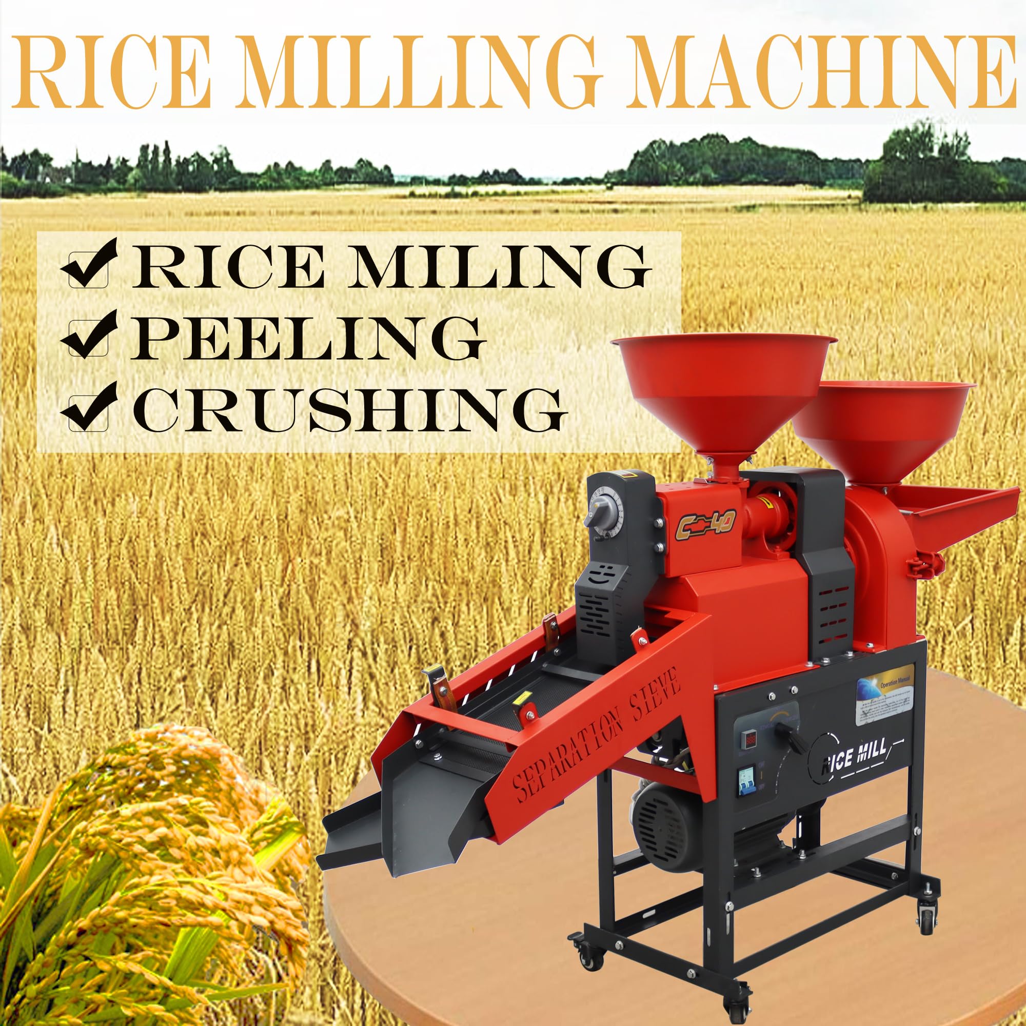 HQHAOTWU Rice Milling Machine With Vibrating Screen Electric Grain Mill Peeling Millet Corn Husking Miller Wheat Sheller for Farm 130-170 KG/H 220V