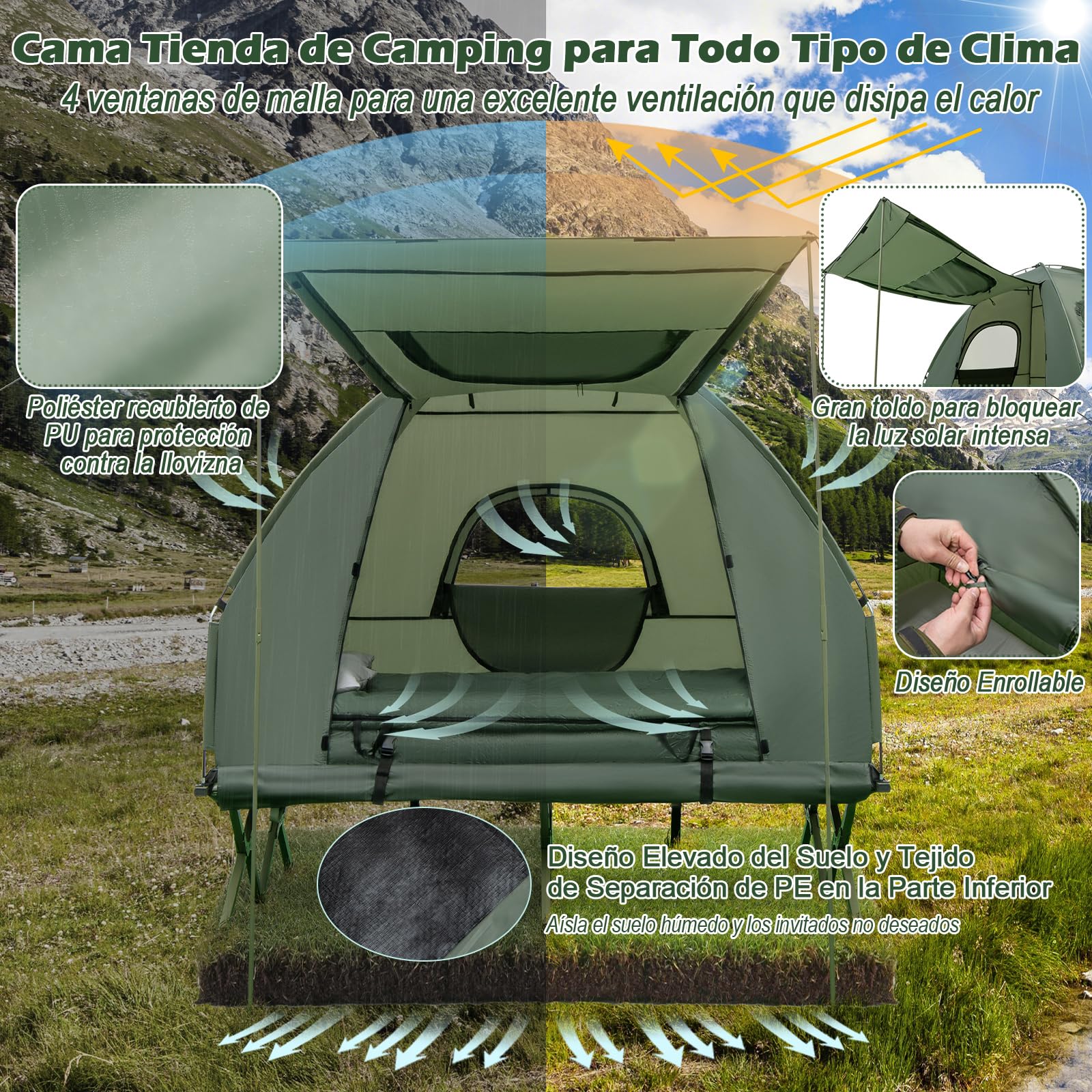 COSTWAY Tienda de Campaña para 2 Personas, Tienda de Camping con Cama Elevada, Colchón, Almohadas de Aire, Saco de Dormir, Bolsa de Transporte para Picnic Pesca, 194 x 145 x 187 cm