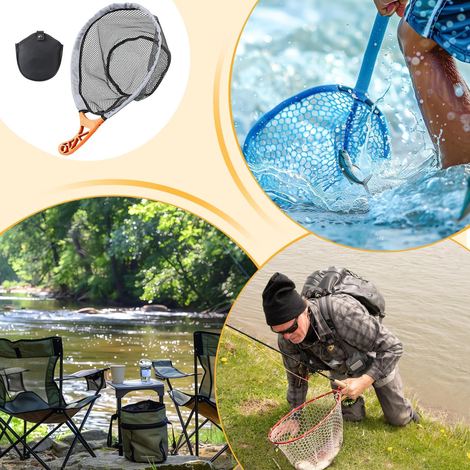 Rete da a mosca, in gomma, rete antiscivolo, per lago, fiume, acqua salata, d'acqua, cattura e rilascio di salmone, pesce gatto, spigola, campeggio all'aperto, barca, design leggero
