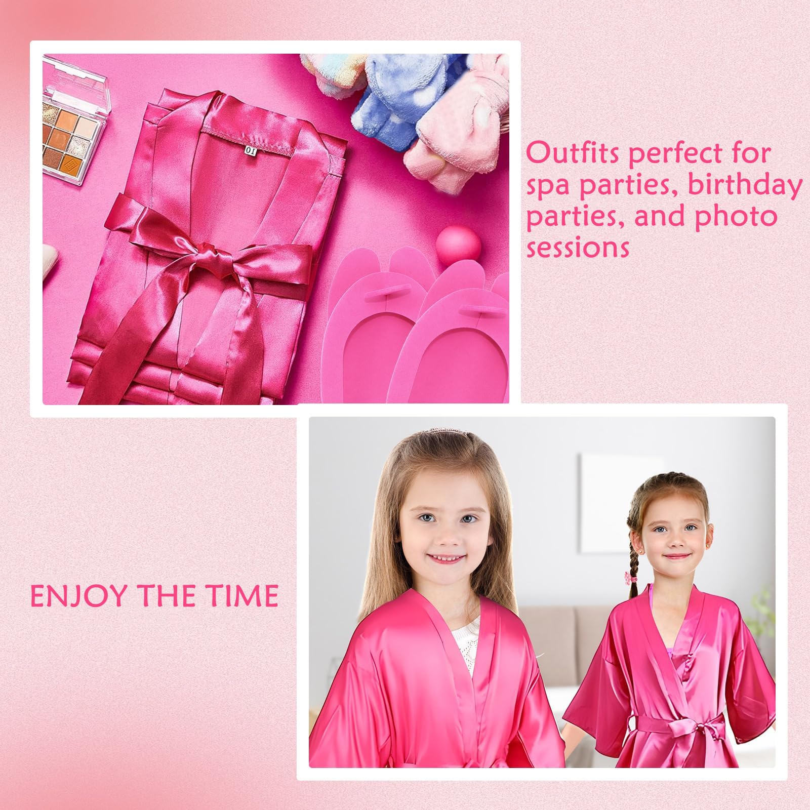 MSYU 30 piezas de suministros de fiesta de spa para niñas, 6 batas de satén, 6 pantuflas para niños, fiestas de pijamas, regalos de fiesta de cumpleaños, spa, talla 8, rojo rosa, rosa