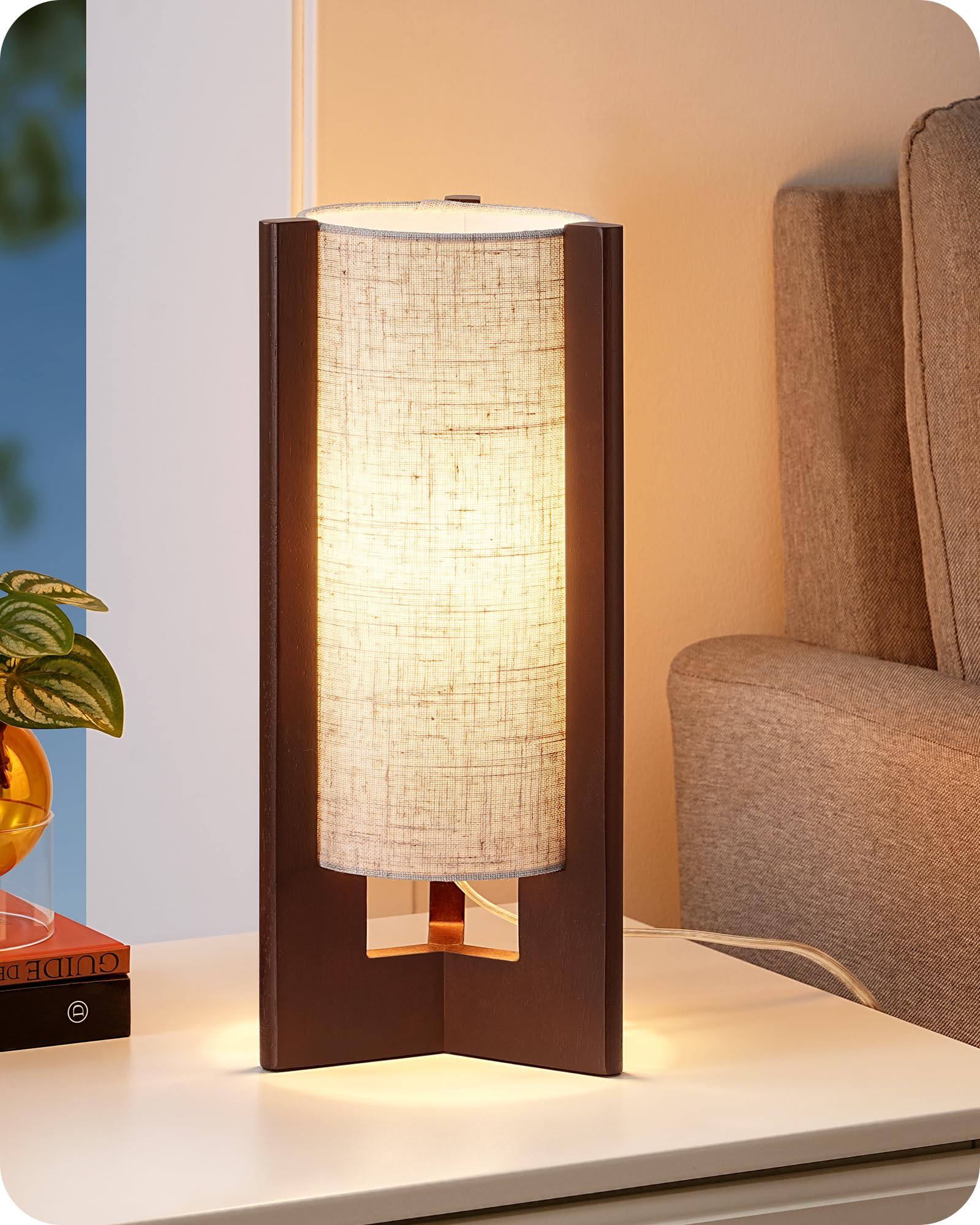 EDISHINE Wood Table Lamp, 13.5" Small Bedside Lamp, Rosewood, E26 Base | Beige Linen Shade, Cylinder Base, On-Off Line Switch, Nightstand Lamp for Bedroom, Living Room, Office Global Recycled Standard Global Recycled Standard Global Recycled Standard