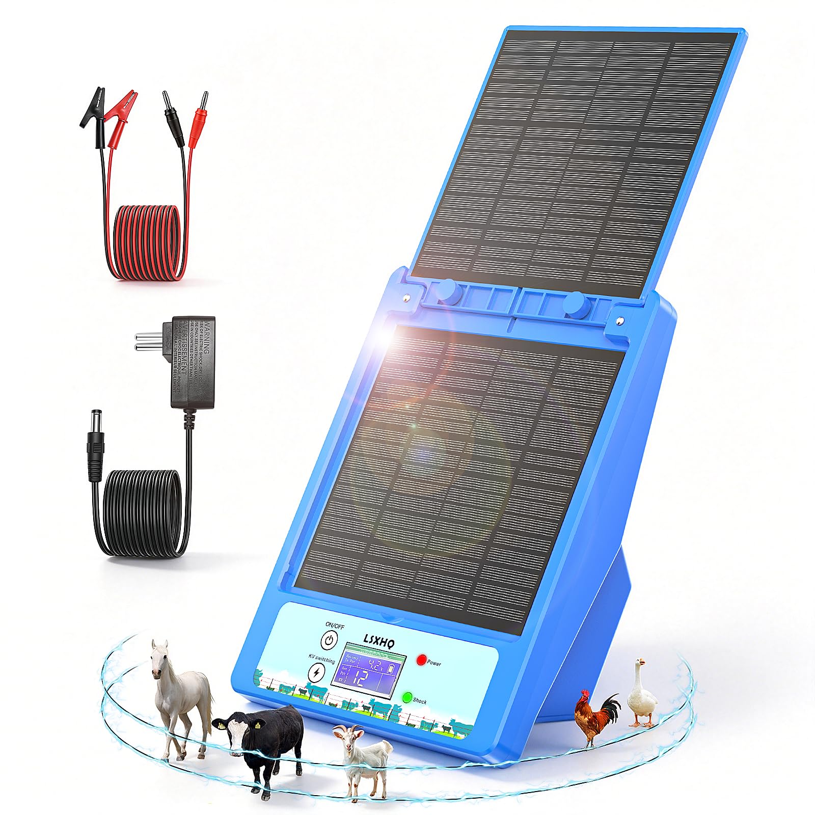 Recinto Elettrico Solare 12V 32KM, Elettrificatore per Recinti Impermeabile con Batteria al Litio 18Ah, 0.3-2J, 6KV-12KV Regolabile, Pannello Solare 8W, per Grandi e Piccoli Animali (Blu)