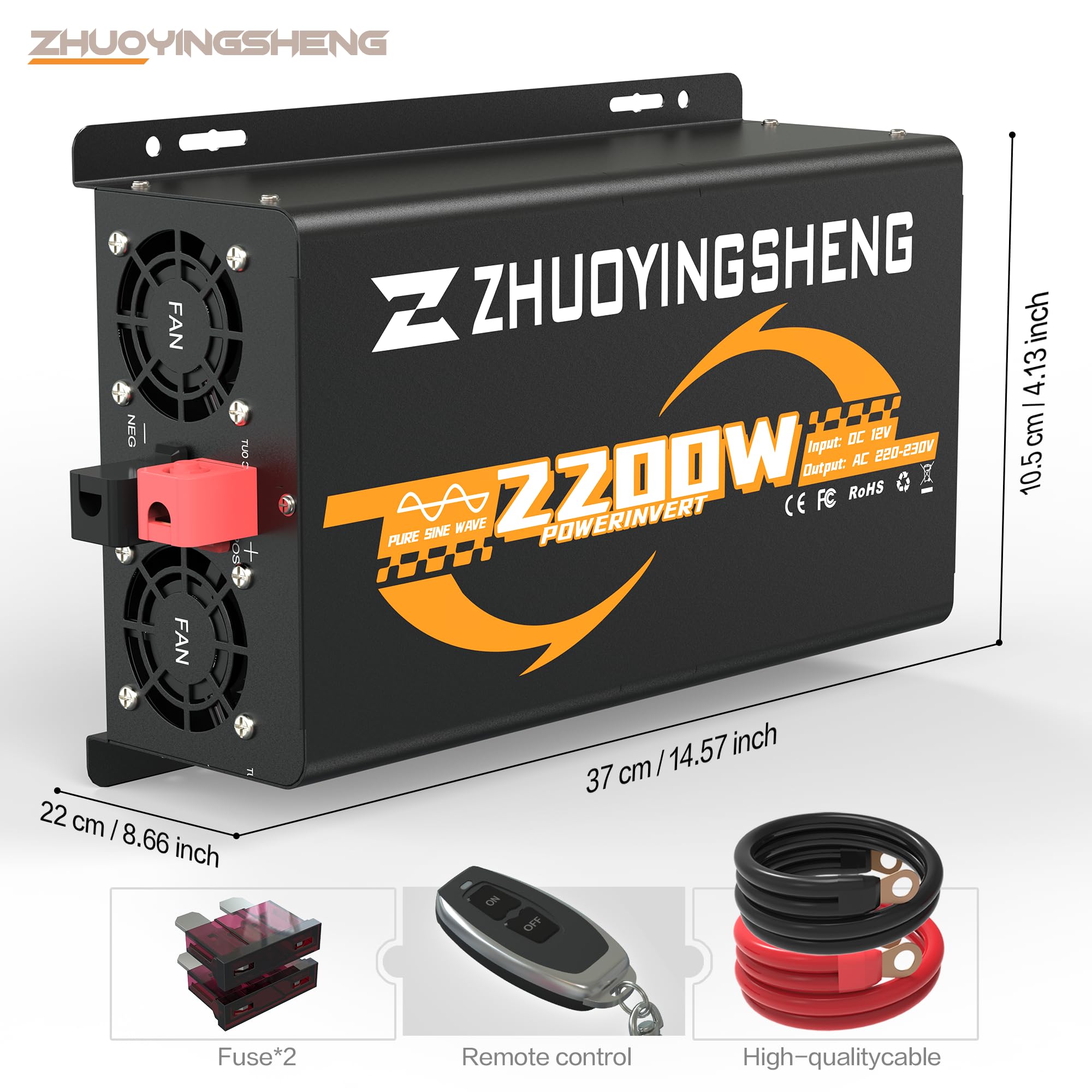 ZYS 2200W Convertisseur 12v 220v Pur Sinus ，Transformateur，Onduleur Pur Sinus，avec télécommande，LCD，2 Prises EU，1Ports USB，1 Interface PD30W Type-C，per Camions，VéHicules， Camping