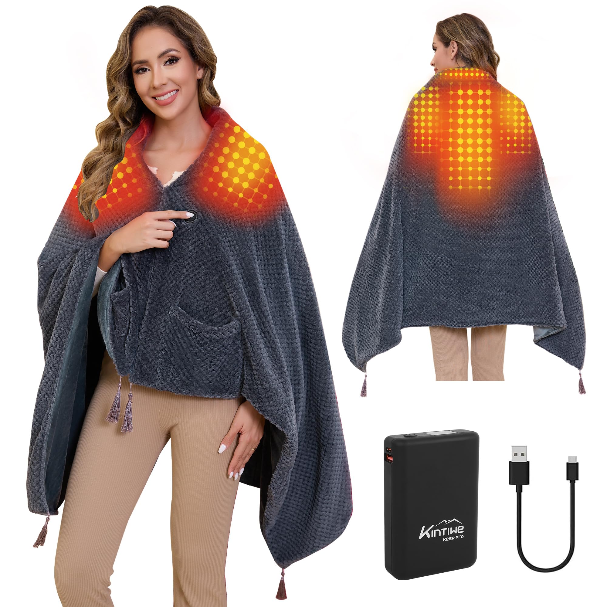 Manta Eléctrica con Batería 20000 mAh inalámbrica, Almohadilla Térmica Manta Eléctrica Espalda y Cuello con 4 Zonas de Calentamiento y 3 Niveles de Temperatura (Gris, 100 x 150 cm)
