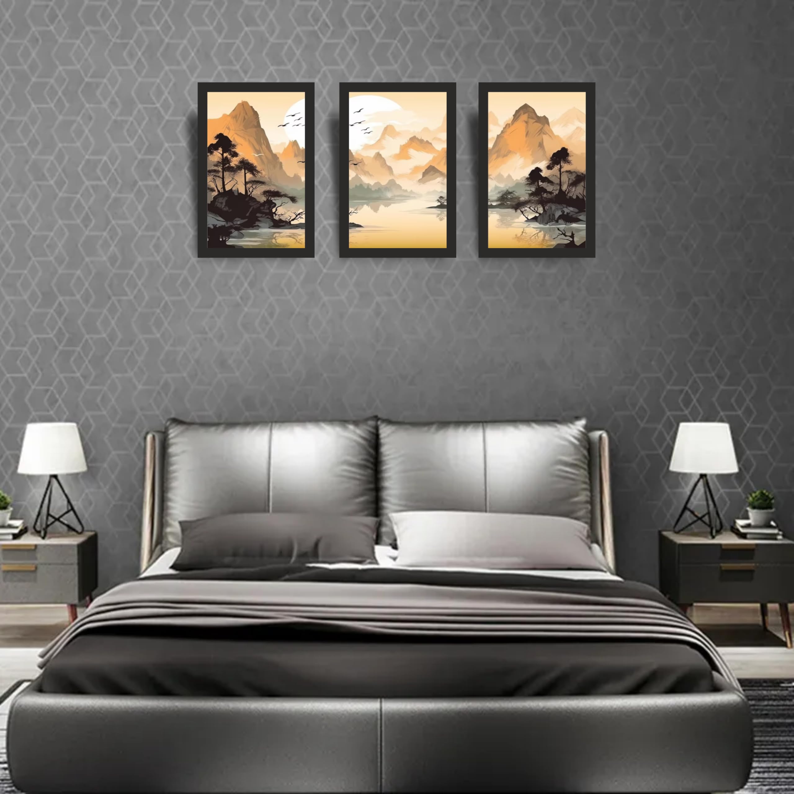 Golden Horizon Mountain Wall Art Set of 3