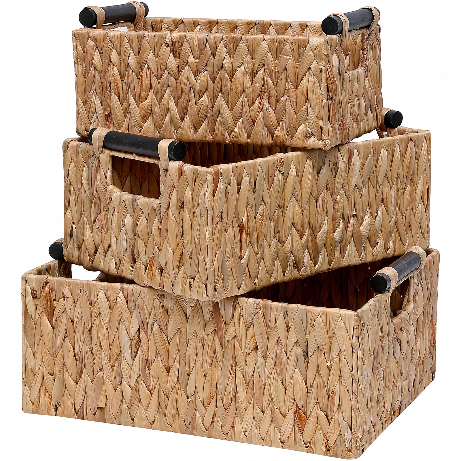 Cesta de almacenamiento de mimbre tejida a mano con asas de madera, contenedor organizador anidado con asas de transporte integradas, paquete de 3