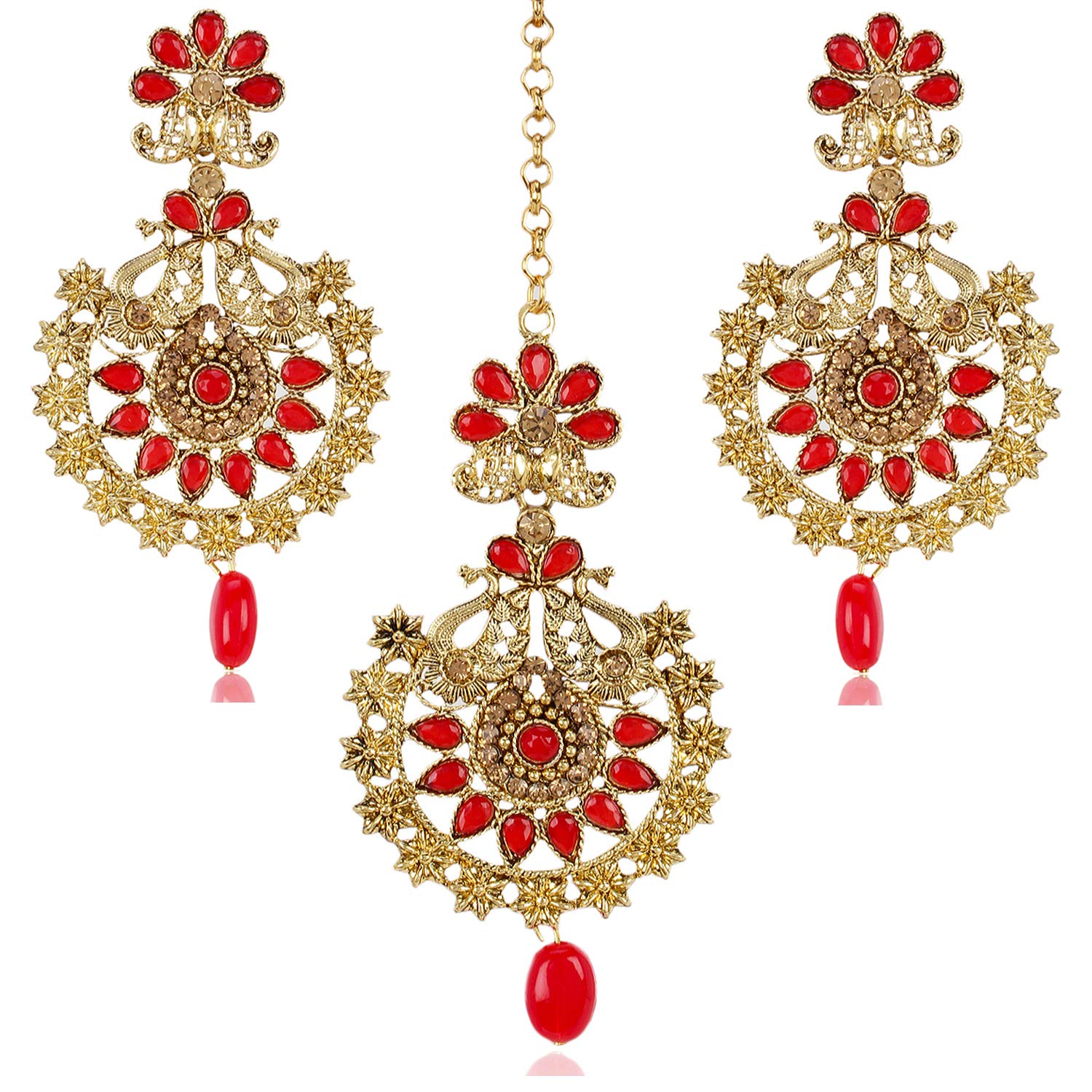 Shining Diva Fashion Latest Stylish Gold Plated Peacock Traditional Maang Tikka Earrings Jewellery Set for Women (Red, 10164mter) (B07NS28WC9) Amazon Price History, Amazon Price Tracker