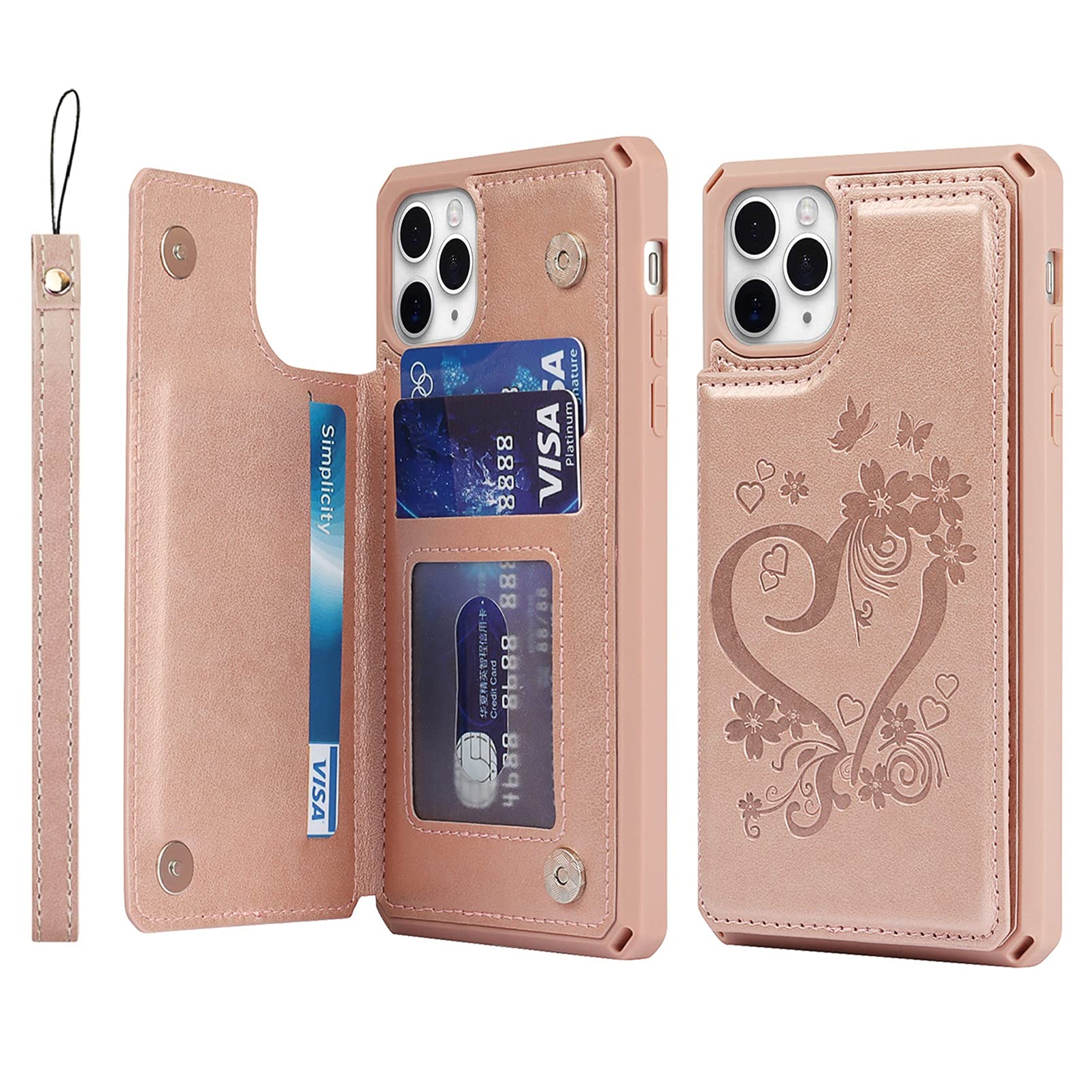 JaortyJaorty for iPhone 11 Pro Max Wallet Case with RFID Blocking Card Holder for Girls Women,Premium PU Leather Magnetic Buttons Stand Flip Wrist Strap Case for iPhone 11 Pro Max 6.5 Inch,Heart Rosegold