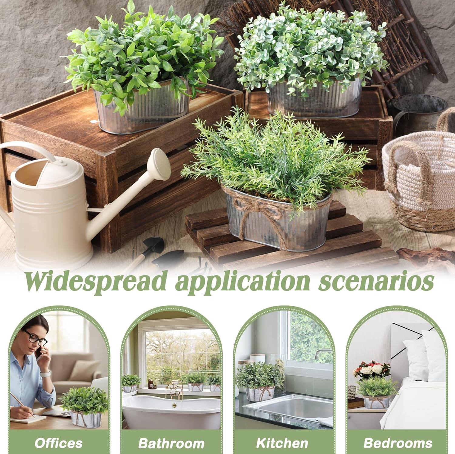 3 Pack Spring Mini Potted Artificial Eucalyptus Fake Plants Farmhouse Galvanized Metal Pots Plastic Eucalyptus and Rosemary Topiaries Plants for Summer Home Office Shelf Desk Table Decor - Image 4