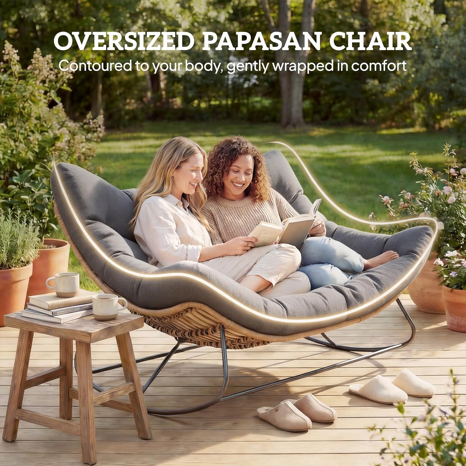 Outsunny Double Papasan Rocking Chair, Wicker Oversized Indoor Outdoor Rocking Chair with Cushion, PE Rattan Padded Outdoor Rocker Egg Chairs for Living Room, Garden, Patio, Balcony, Gray