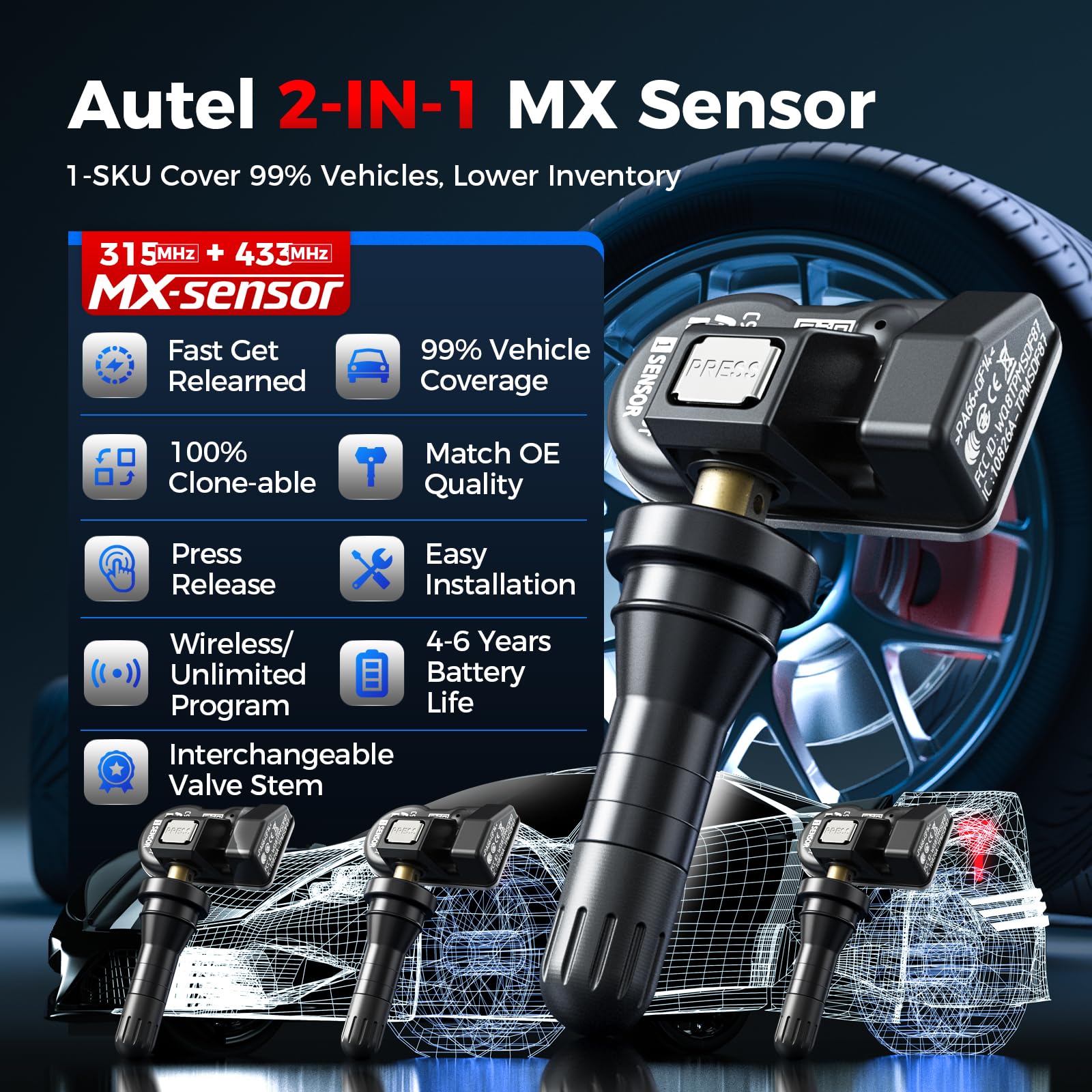 Sensor de pressão de pneu Autel MX-Sensor 2 em 1 TPMS Sensores 315