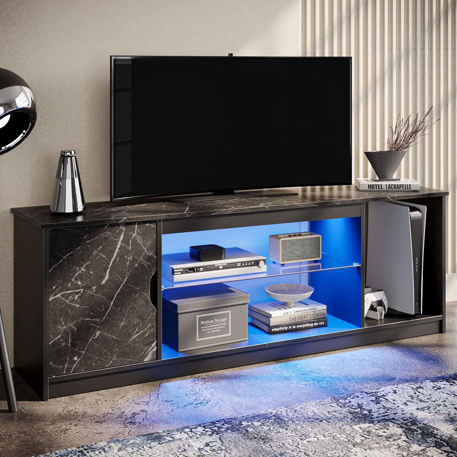 Bestier 145 CM LED TV Stand for 55/60 / 65 Inch TVs Gaming Entertainment Center with Cabinet for PS5 Modern TV Cabinet with Adjustable Glass Shelves for Living Room Bedroom