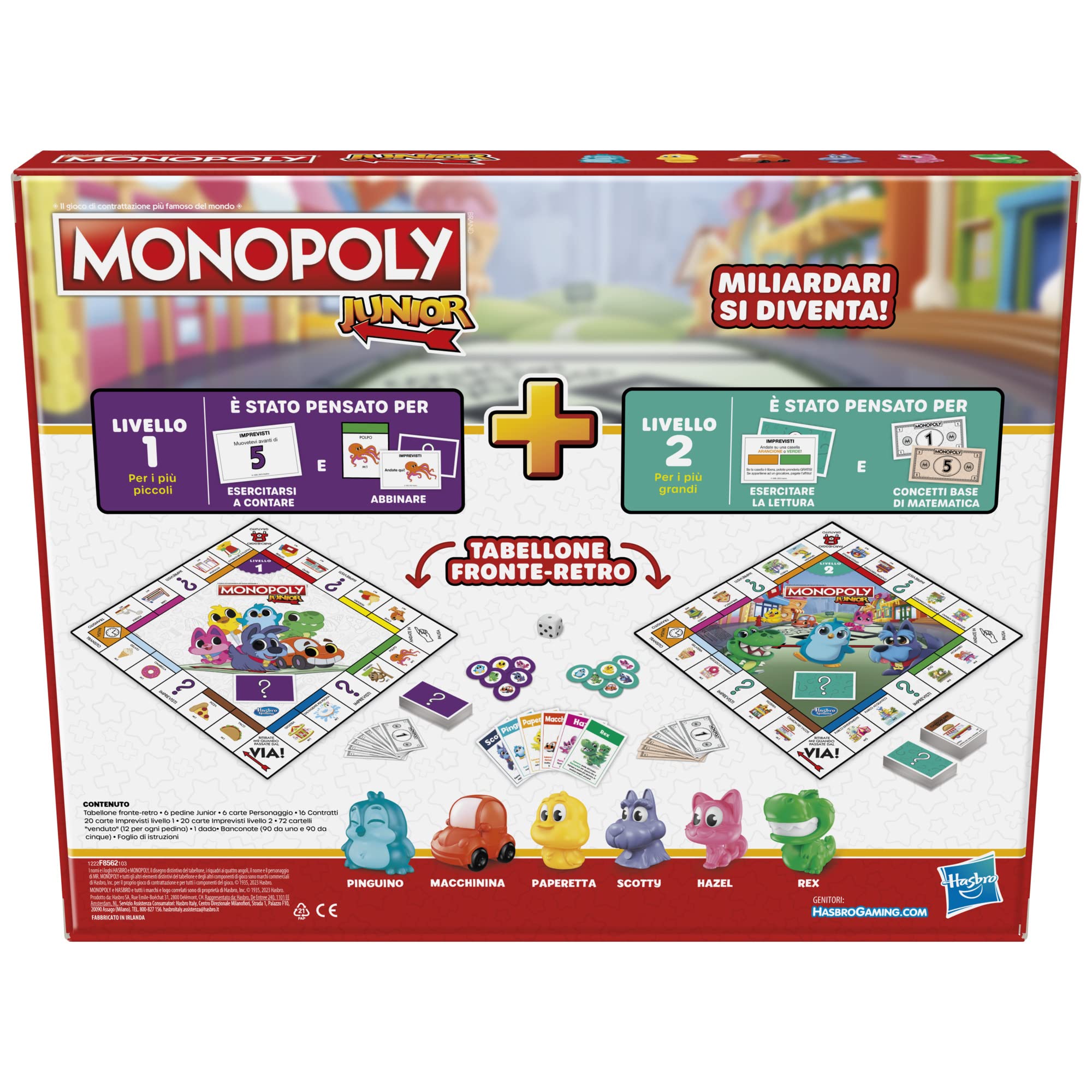 Hasbro Gaming Monopoly Junior, 2 jeux en 1, jeu de société avec panneau avant arrière pour 2 à 6 joueurs, jouet de Noël pour garçons et filles à partir de 4 ans
