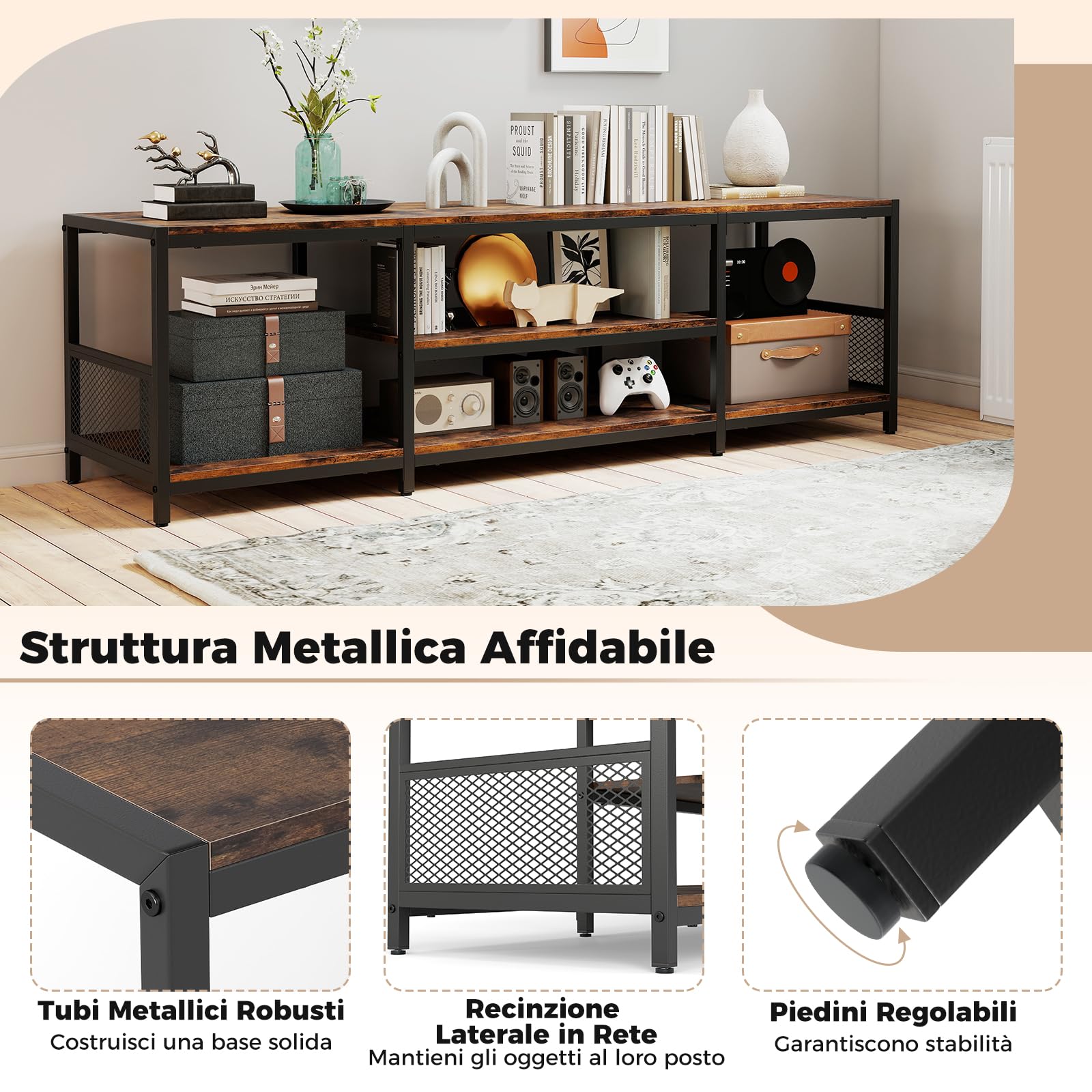 COSTWAY Mobile TV Soggiorno fino a 65", Tavolino TV con Mensole Aperte, Consolle Media Industriale, Centro Intrattenimento Basso Salotto, per Soggiorno Camera da Letto