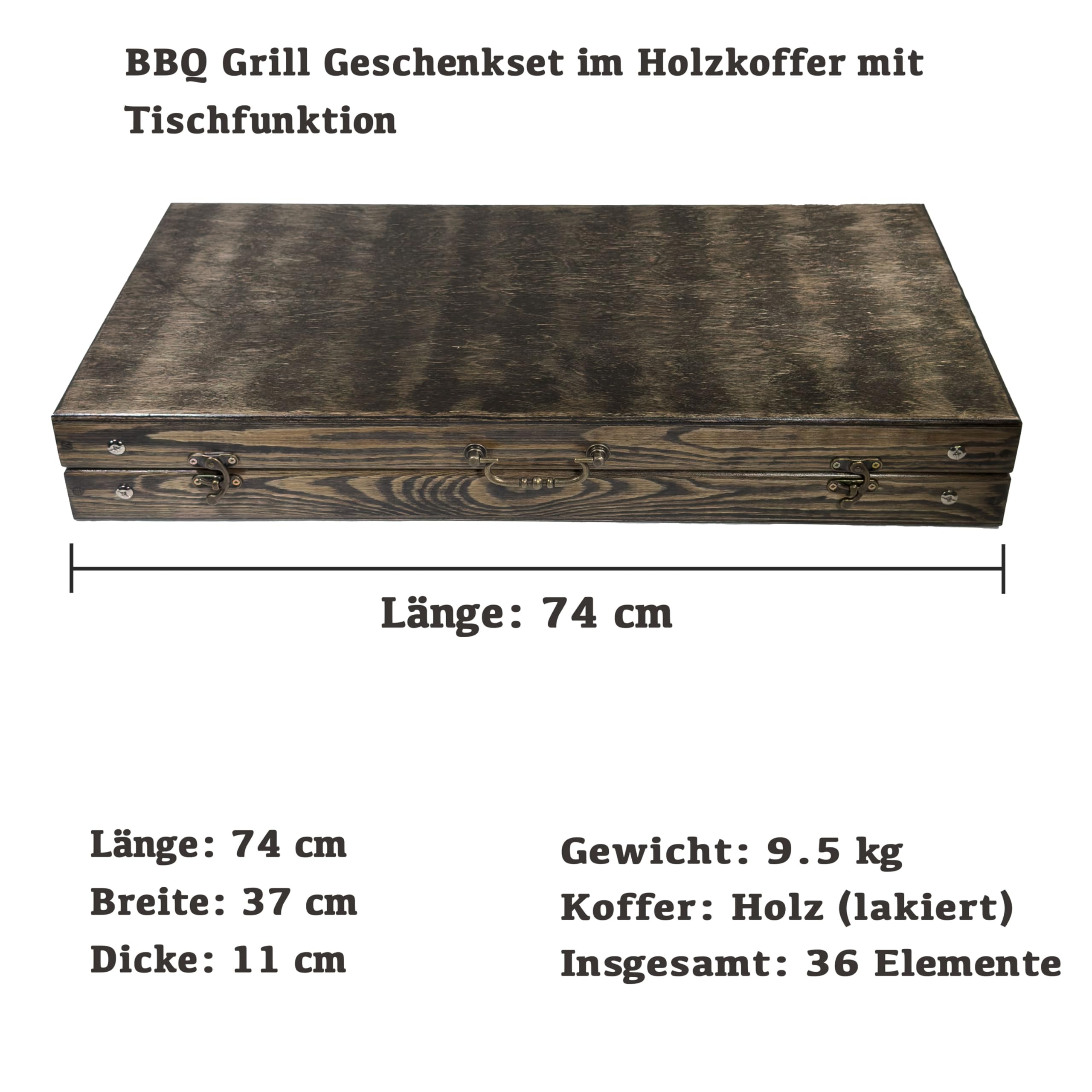 BBQ Grill Geschenkset im Holzkoffer mit Tischfunktion & ukrainischer Symbolik – Premium Grillzubehör für Männer - Geschenk Flasche – Outdoor Grillset für Camping & Garten