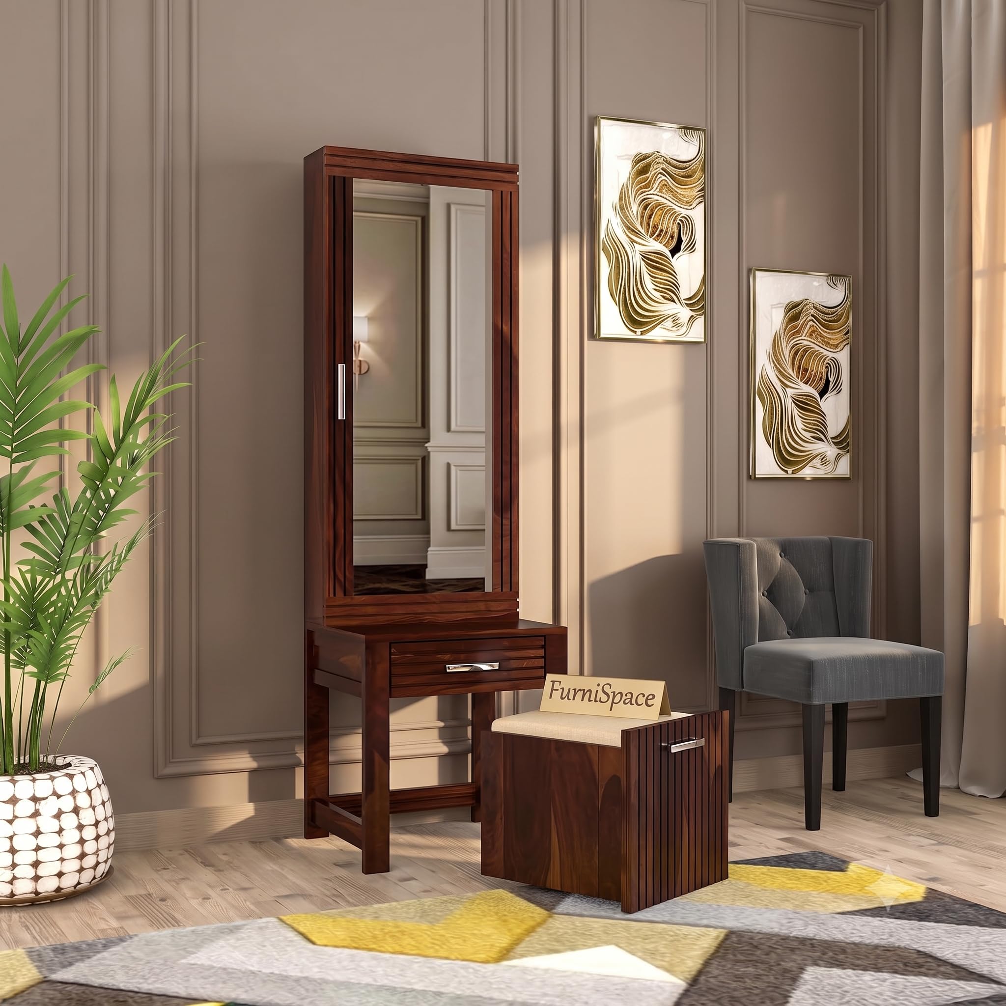 Sheesham Wood DressingTable with Mirror and Storage Premium Vanity Table Luxury Modern Dressing Table Design (Walnut 2)-image-46
