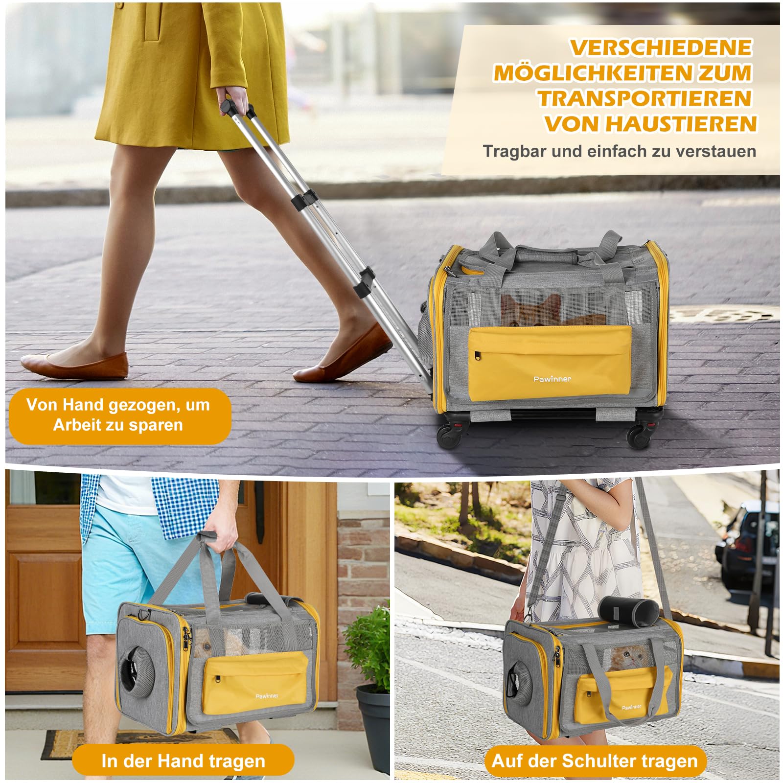 Trasportino per cani con ruote, 45 x 33 x 33 cm, con trolley per auto e aereo, pieghevole, traspirante, portatile, per cani e gatti fino a 9 kg