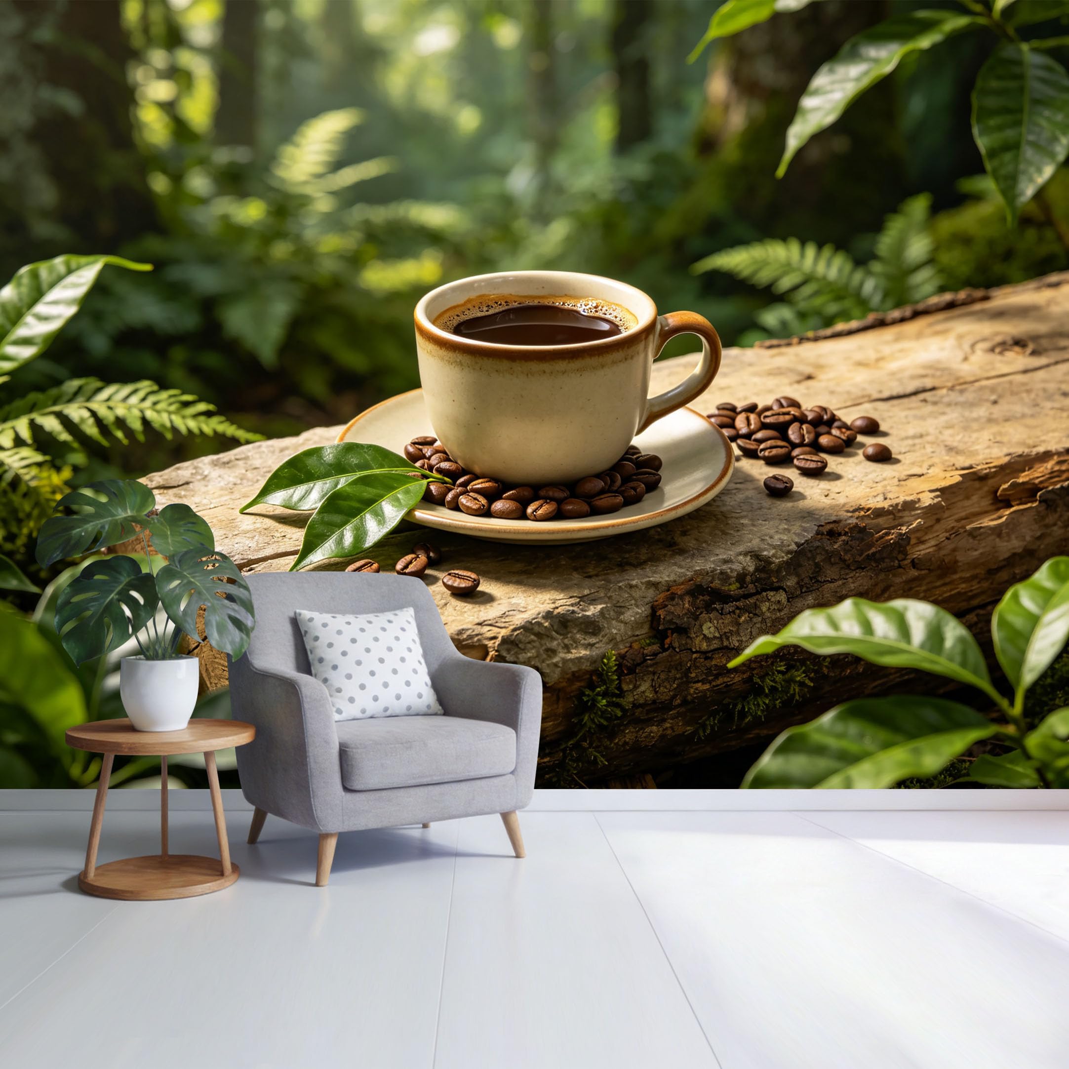 Custom Size Wall Mural Tropical Forest Coffee Cup Beans Natural Wood Botanical Scene SelfAdhesive Wall Fabric Removable Wallpaper for Home Office Decor