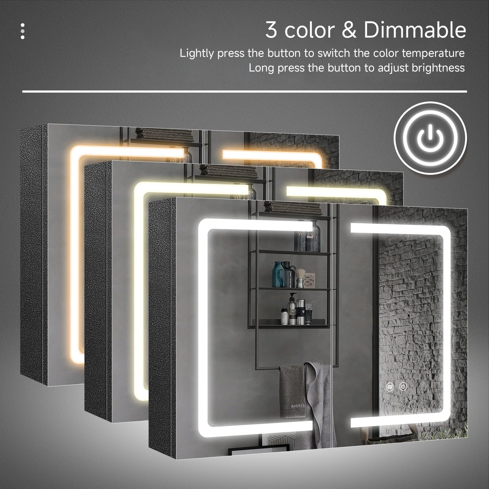 Specchio Bagno Contenitore con LED Luce e Presa Elettrica, 80x60 cm, Armadietto Specchio Bagno con Luce, Mensola Regolabile, 3 Temperature di Colore, Anti Appannamento, Dimmerabile