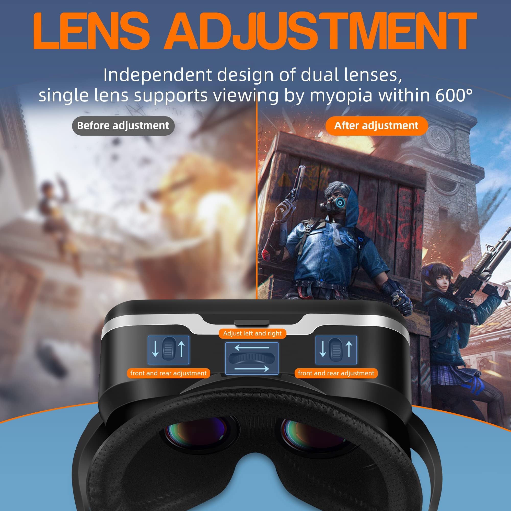 Casque VR HD Lunettes 3D avec Écouteurs Hi-Fi Intégrés pour Téléphone Android iPhone 4,7-6,6 Pouces