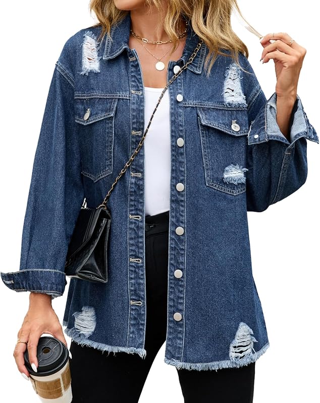 Kedera Womens Oversized Denim Jacket Distressed Casual Long Sleeve Washed Ripped Jean Shacket Fall Fashion Winter Clothes