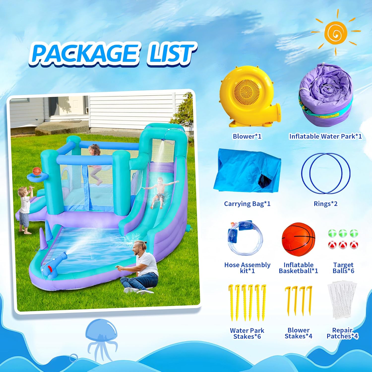 Bestsun Inflatable Bounce House Water Slide, 141 x 138 x 78 Inches Blow Up Water Slides, Splash Pool, Basketball, Ring Toss Game, Target Balls, Water Cannon, Climbing Wall, Blower Included