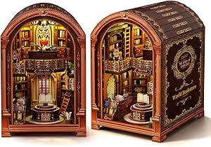 Doyosh Book Nook Kit-DIY Scene Miniature Dollhouse Kit for Adults, Teens, 3D Wooden Puzzle Tiny House Booknook with LED Light, World Bookstore Bookshelf Decor Bookend Gifts for Family, Friends