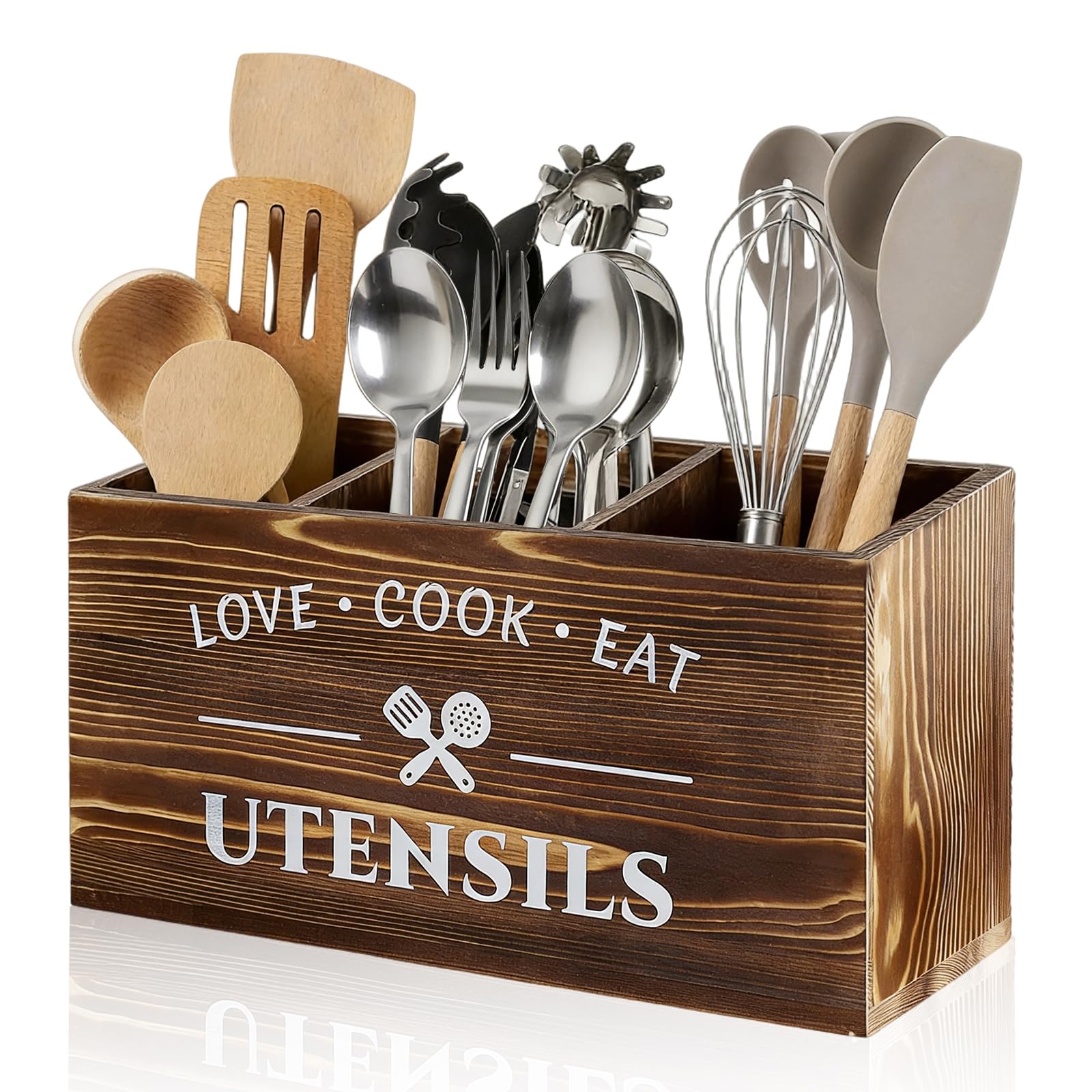 Mhymx Brown Wooden Utensil Holder, Kitchen Utensils Holder Large Utensil Holders Rustic Cutlery Caddy With 3 Compartments Farmhouse Utensil Pot Countertop Storage Organizer