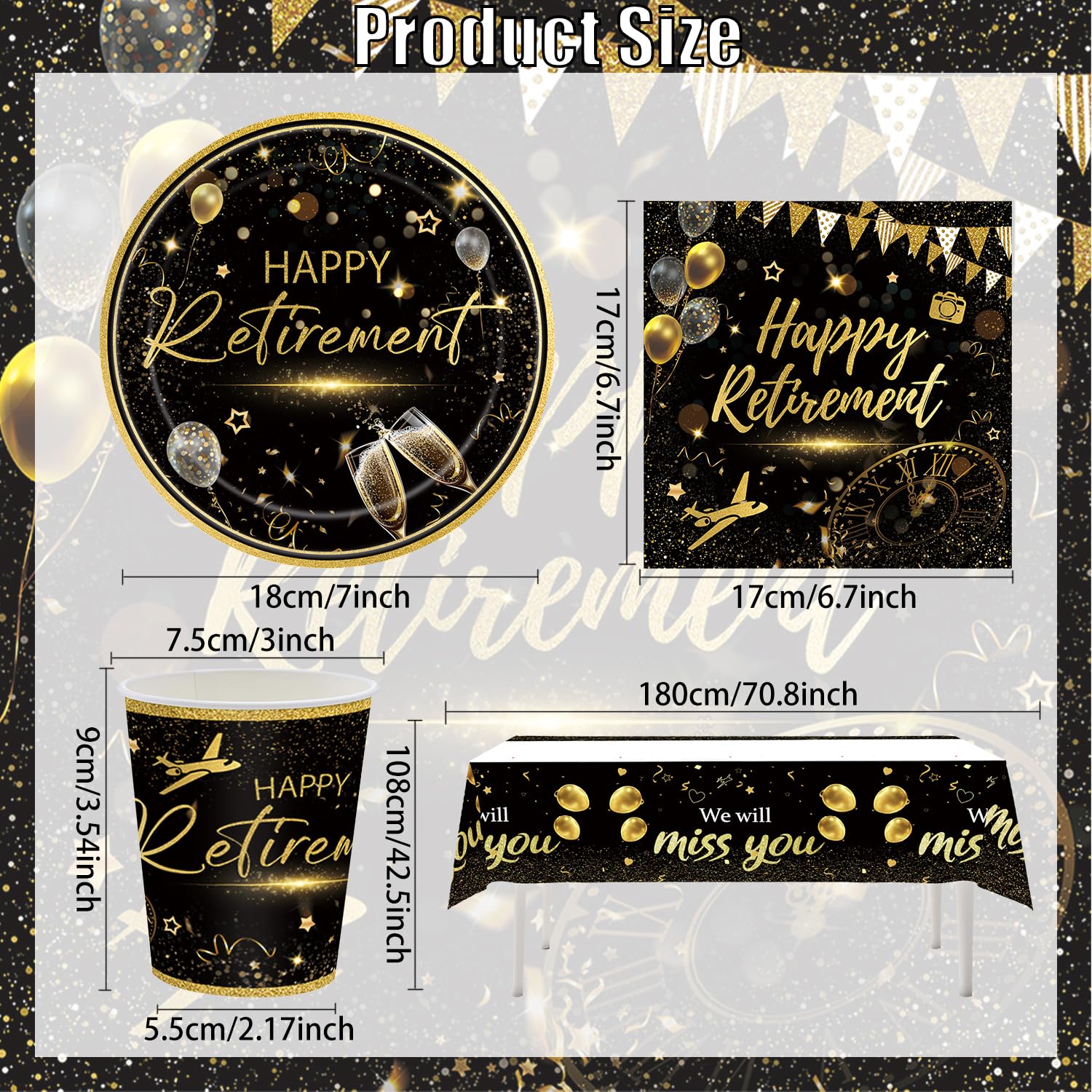 Set di 61 stoviglie per feste in pensione, decorazioni per feste di addio, accessori per decorazione per feste in oro, stoviglie in pensione per 20, Happy Farewell, piatti di carta broccato, tazze di