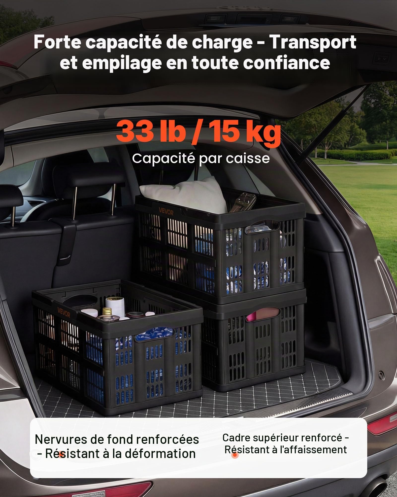 VEVOR Caisse Plastique Pliable 45 L Lot de 3, Cagette Pliable avec Poignées, Charge Max. 15 kg par Caisse, Bac de Rangement Empilable pour Maison, Camping, Voiture et Courses, Organisateur de Coffre
